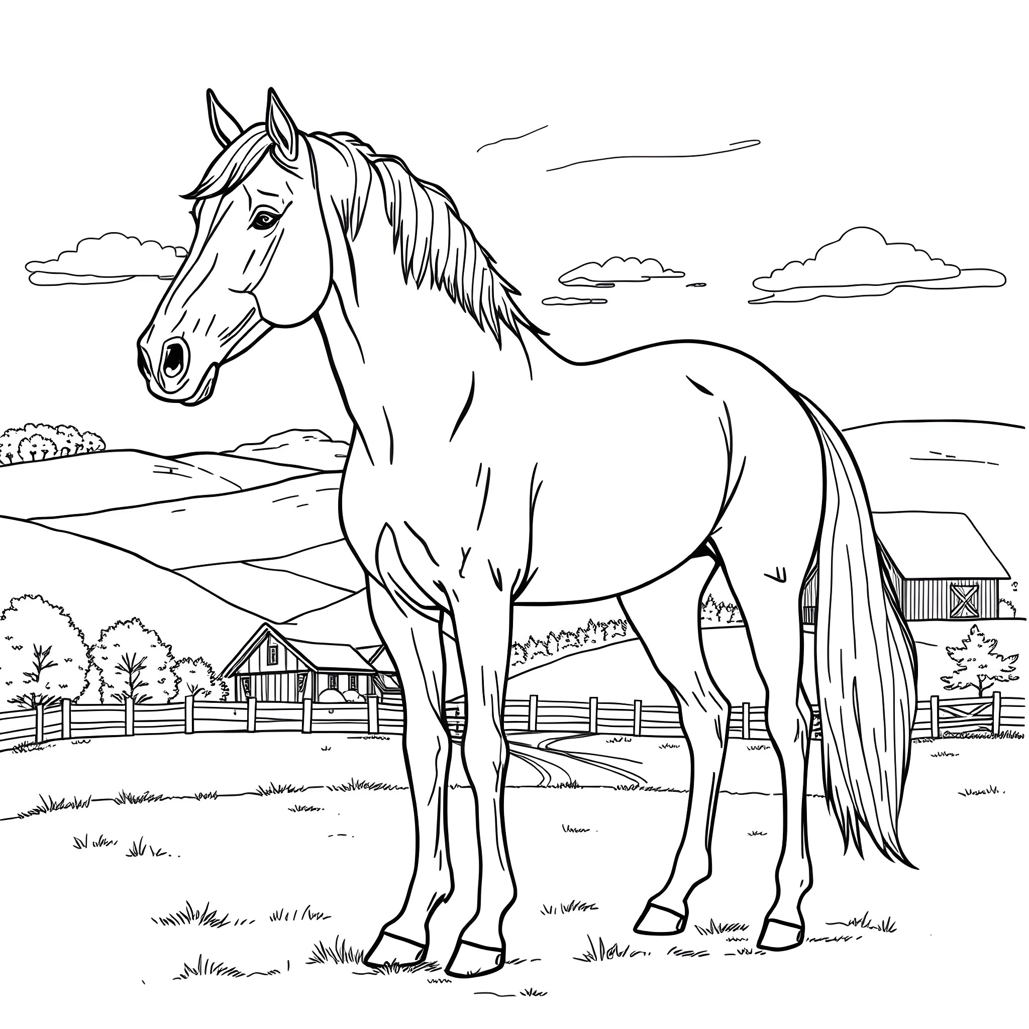 Saddlebred Horse Grazing in a Pastoral Landscape Coloring Page (free black-and-white line drawing printable PDF for all, from beginners to advanced learners, including children, teens, adults, and seniors)