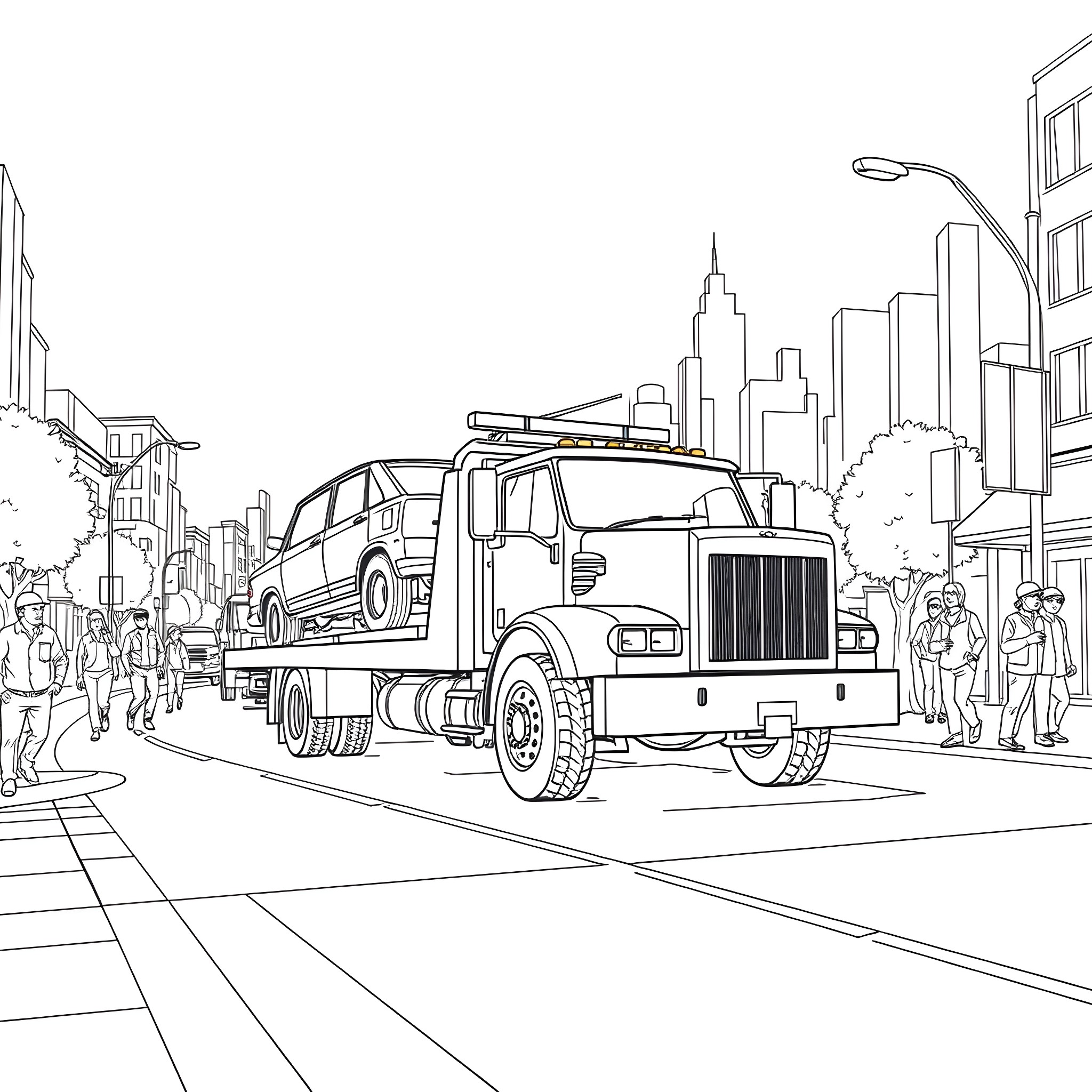 Tow Truck Assisting Disabled Vehicle in City Street Coloring Page (free black-and-white line drawing printable PDF for all, from beginners to advanced learners, including children, teens, adults, and seniors)