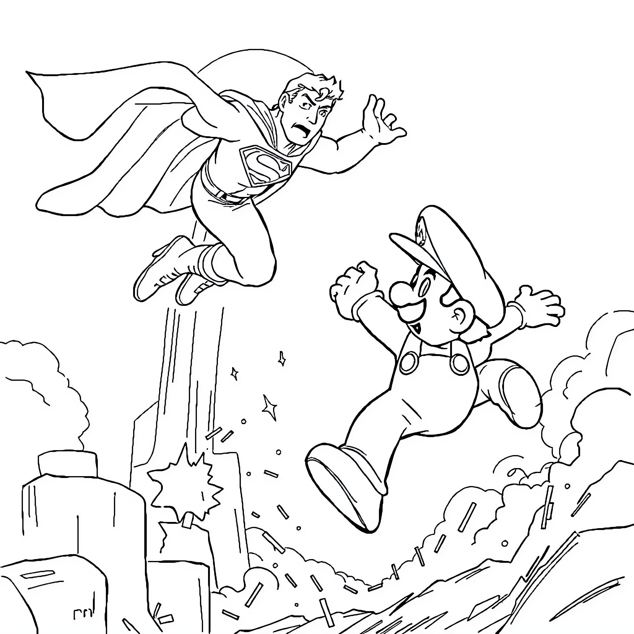 Superman heroically rescuing a person in distress Coloring Page (free black-and-white line drawing printable PDF for all, from beginners to advanced learners, including children, teens, adults, and seniors)