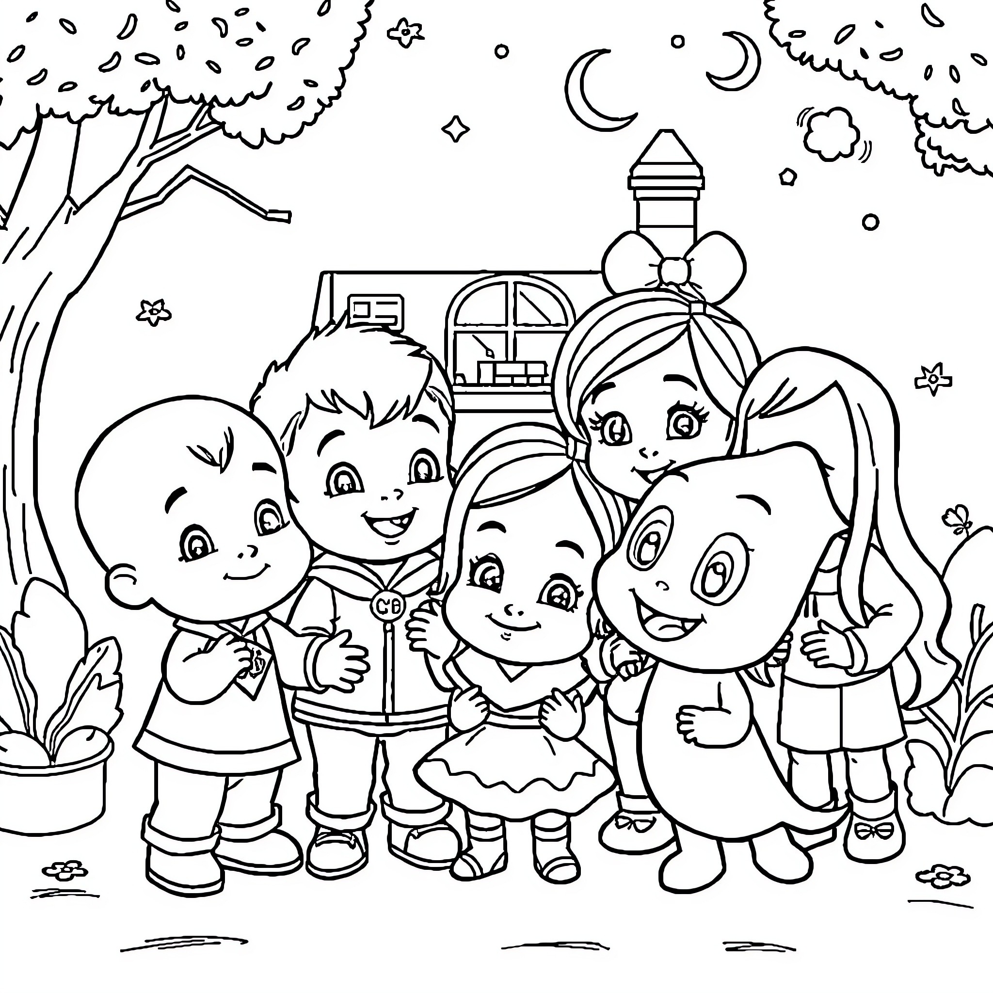 Character Family Enjoying Night Outdoors Coloring Page (free black-and-white line drawing printable PDF for all, from beginners to advanced learners, including children, teens, adults, and seniors)