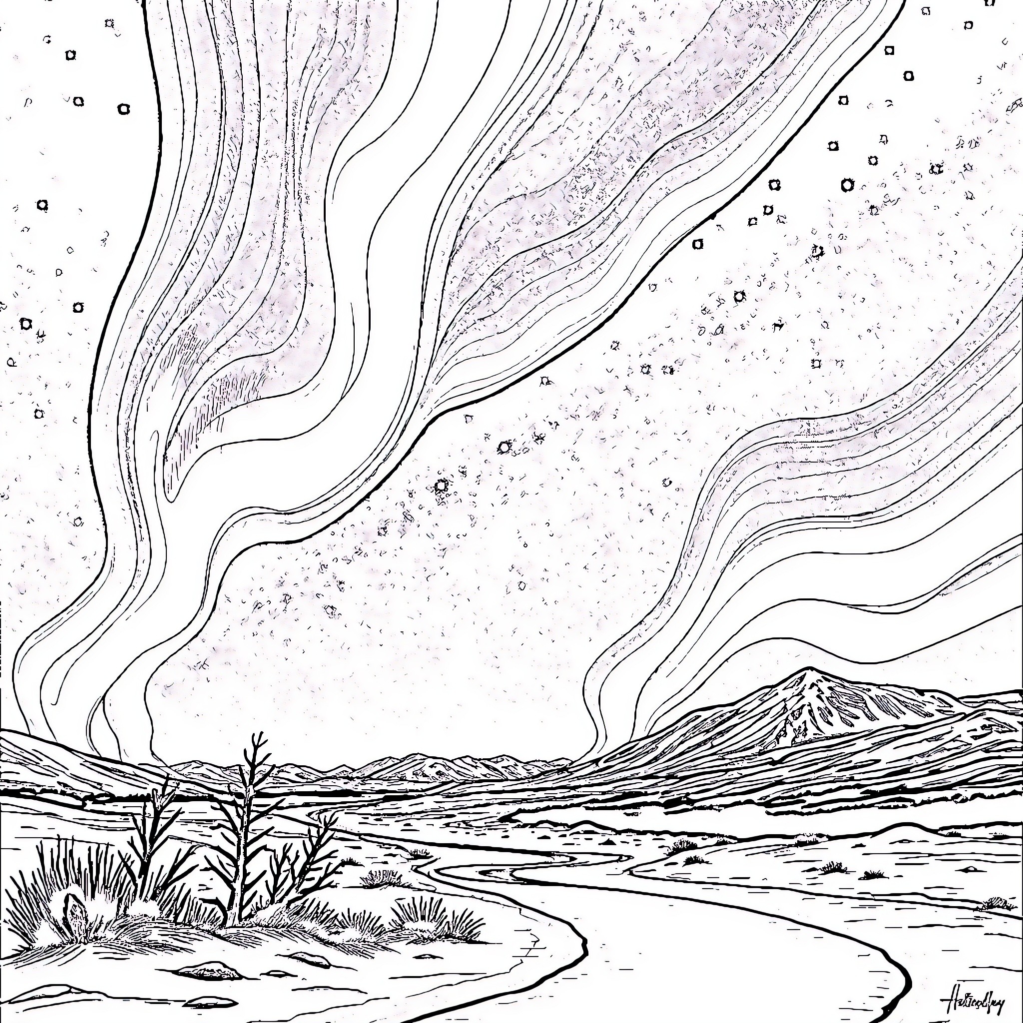 Aurora over Snowy Landscape Coloring Page (free black-and-white line drawing printable PDF for all, from beginners to advanced learners, including children, teens, adults, and seniors)
