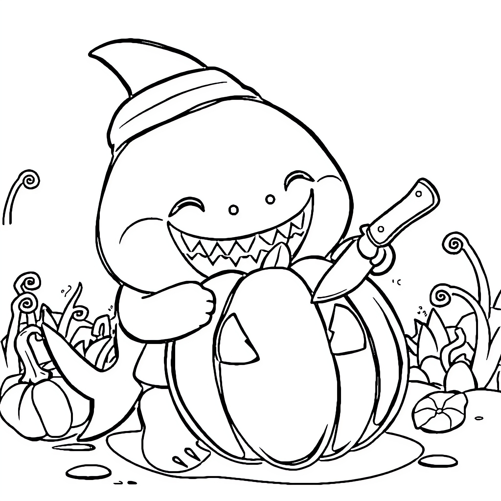 Shark carving jack-o'-lantern for Halloween Coloring Page (free black-and-white line drawing printable PDF for all, from beginners to advanced learners, including children, teens, adults, and seniors)