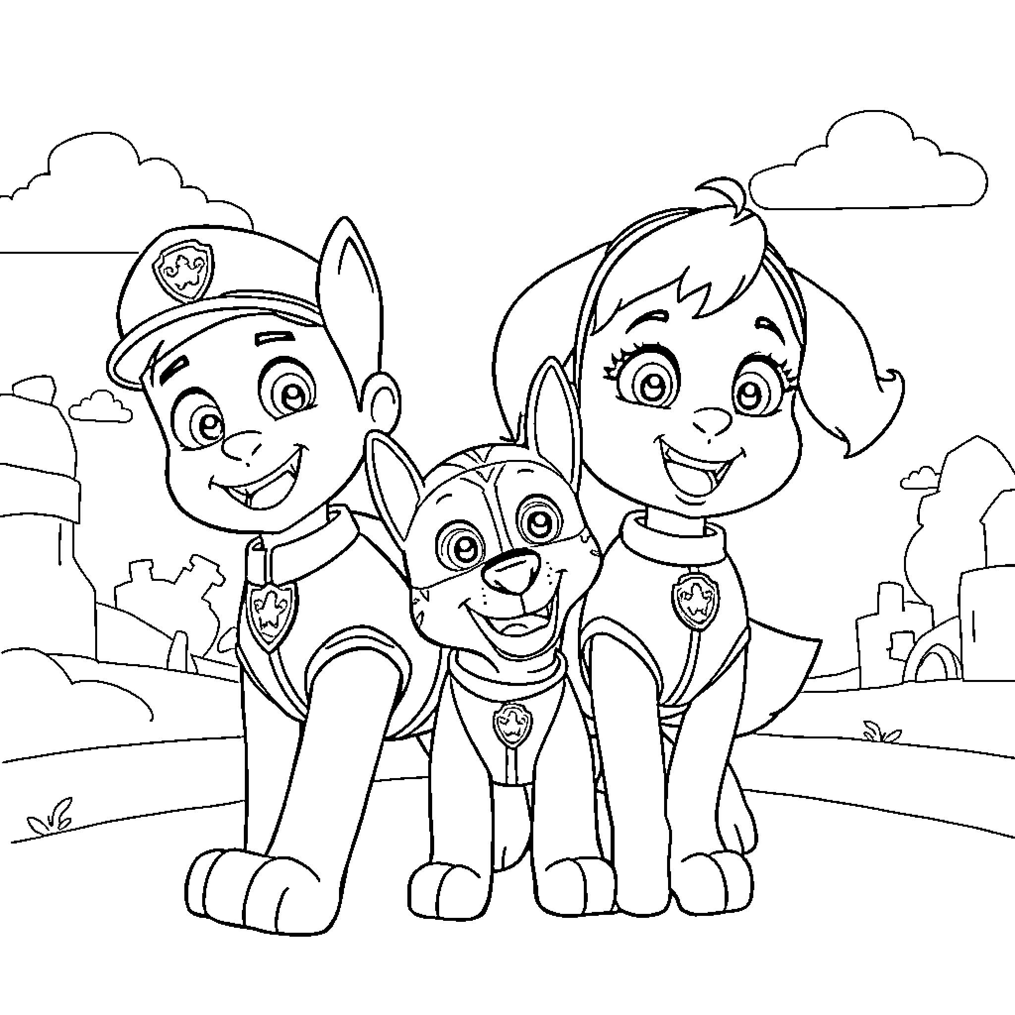 Paw Patrol characters in action pose Coloring Page (free black-and-white line drawing printable PDF for all, from beginners to advanced learners, including children, teens, adults, and seniors)