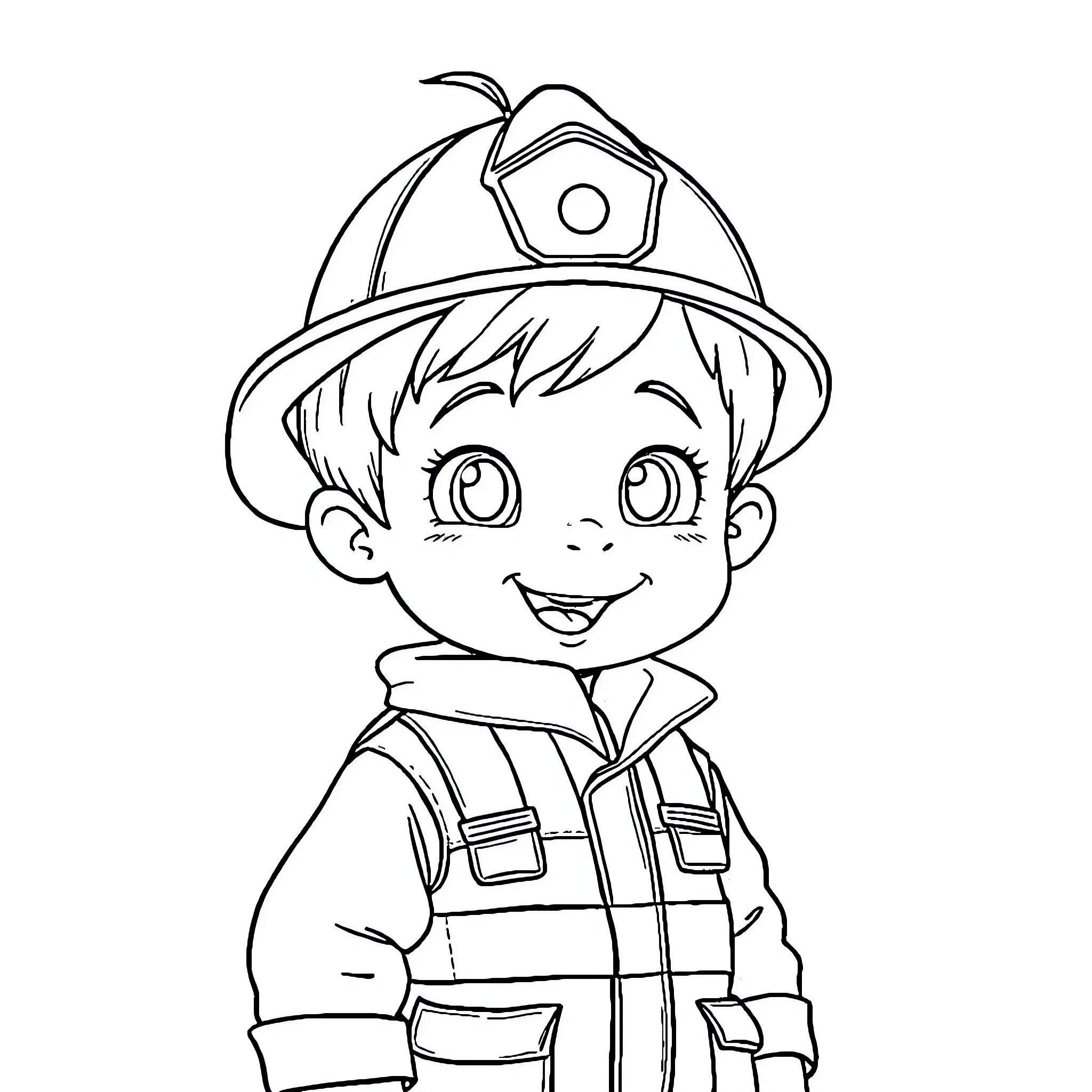 Firefighter boy in uniform with happy expression Coloring Page (free black-and-white line drawing printable PDF for all, from beginners to advanced learners, including children, teens, adults, and seniors)