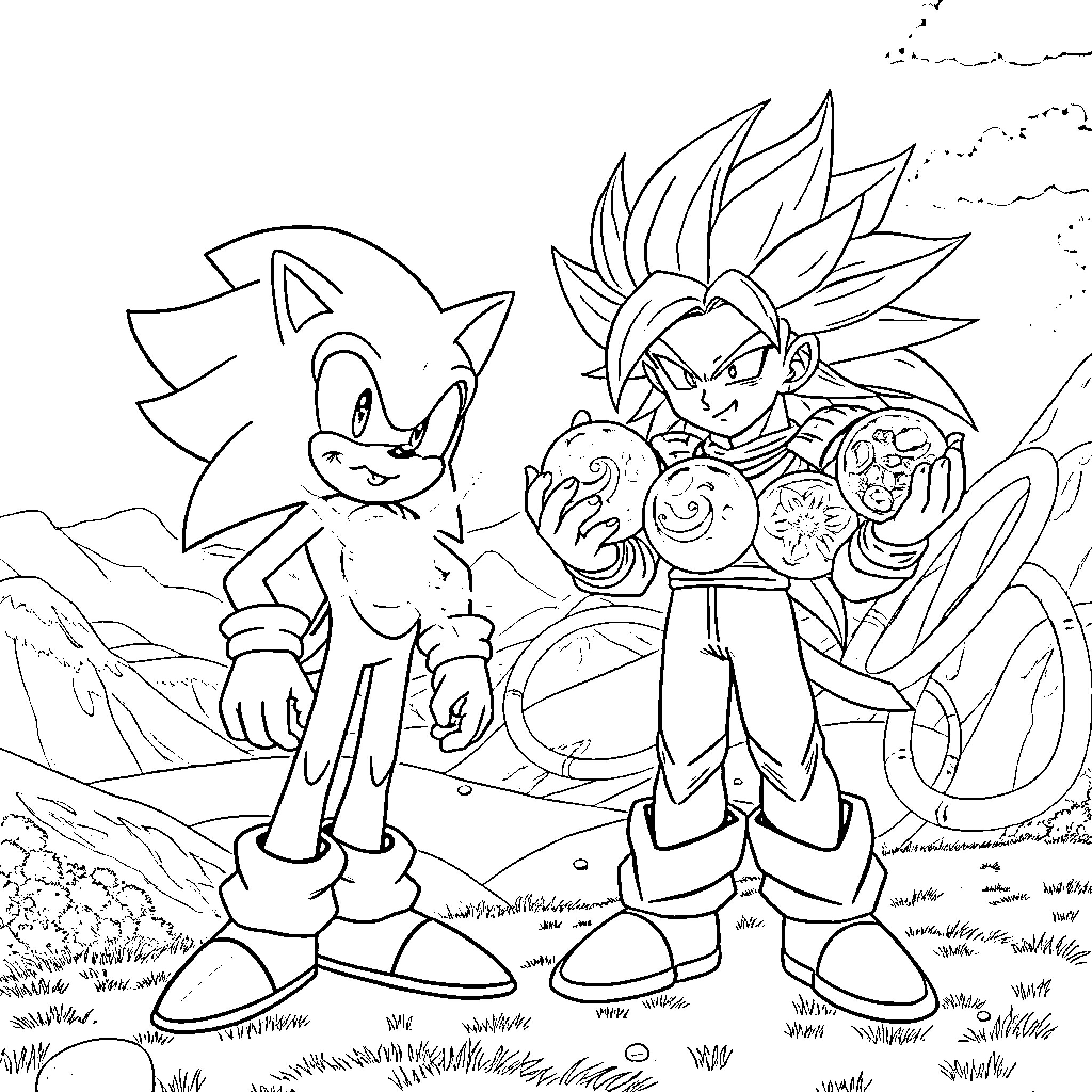 Sonic and Goku in an epic adventure Coloring Page (free black-and-white line drawing printable PDF for all, from beginners to advanced learners, including children, teens, adults, and seniors)