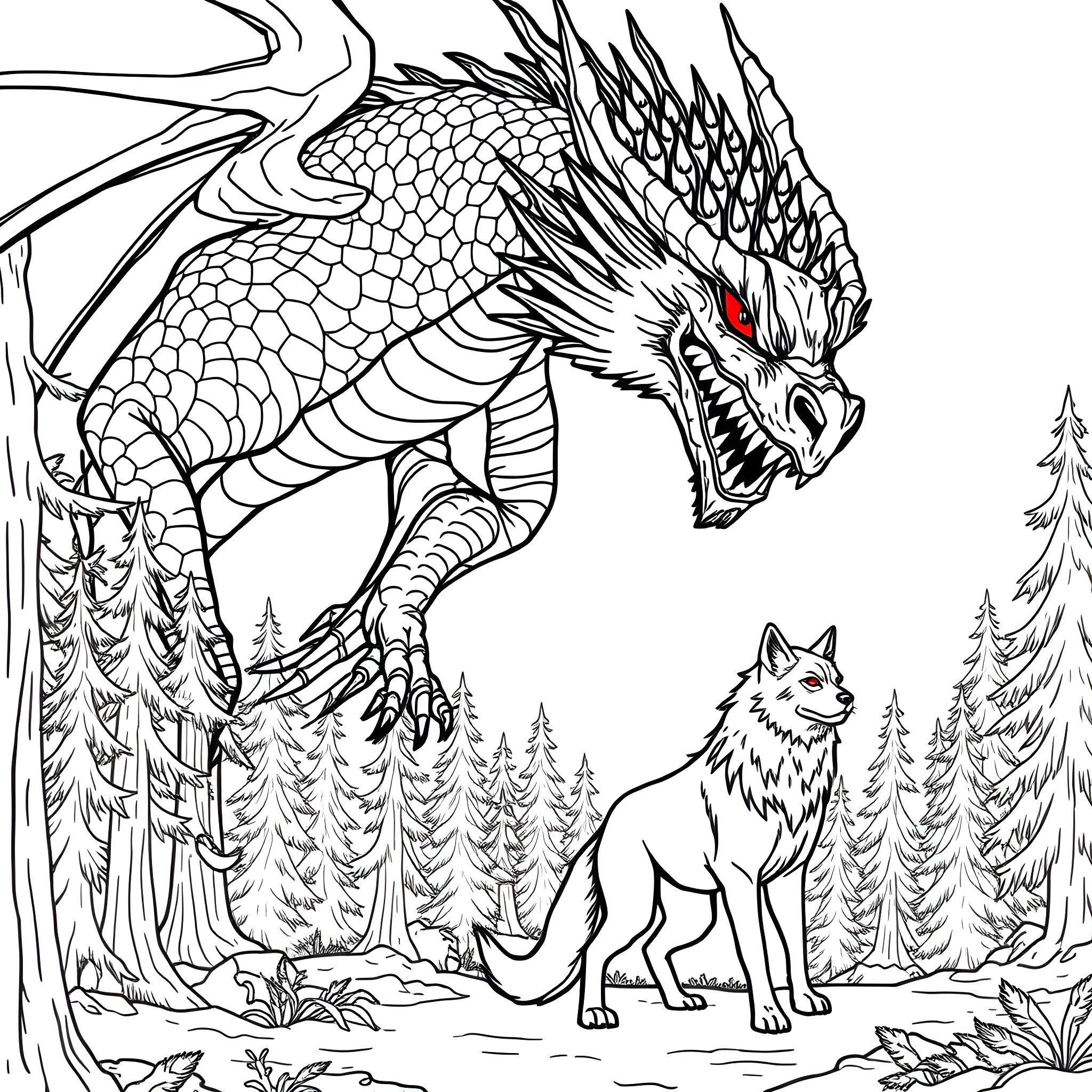 Dragon's Ominous Presence in the Woodland Coloring Page (free black-and-white line drawing printable PDF for all, from beginners to advanced learners, including children, teens, adults, and seniors)