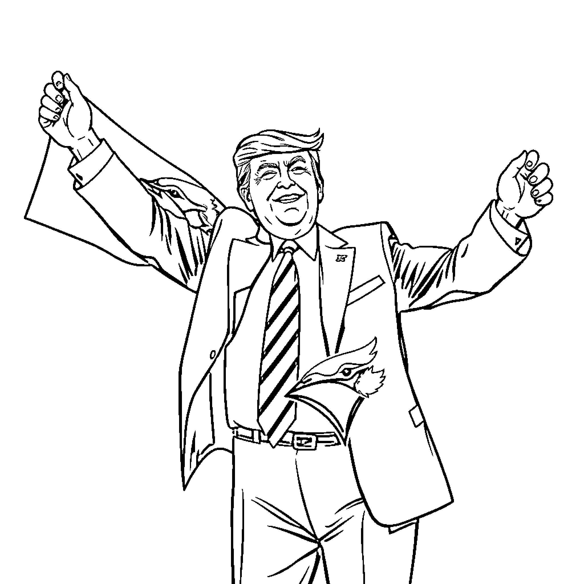Donald Trump Celebrating Victory with Outstretched Arms Coloring Page (free black-and-white line drawing printable PDF for all, from beginners to advanced learners, including children, teens, adults, and seniors)