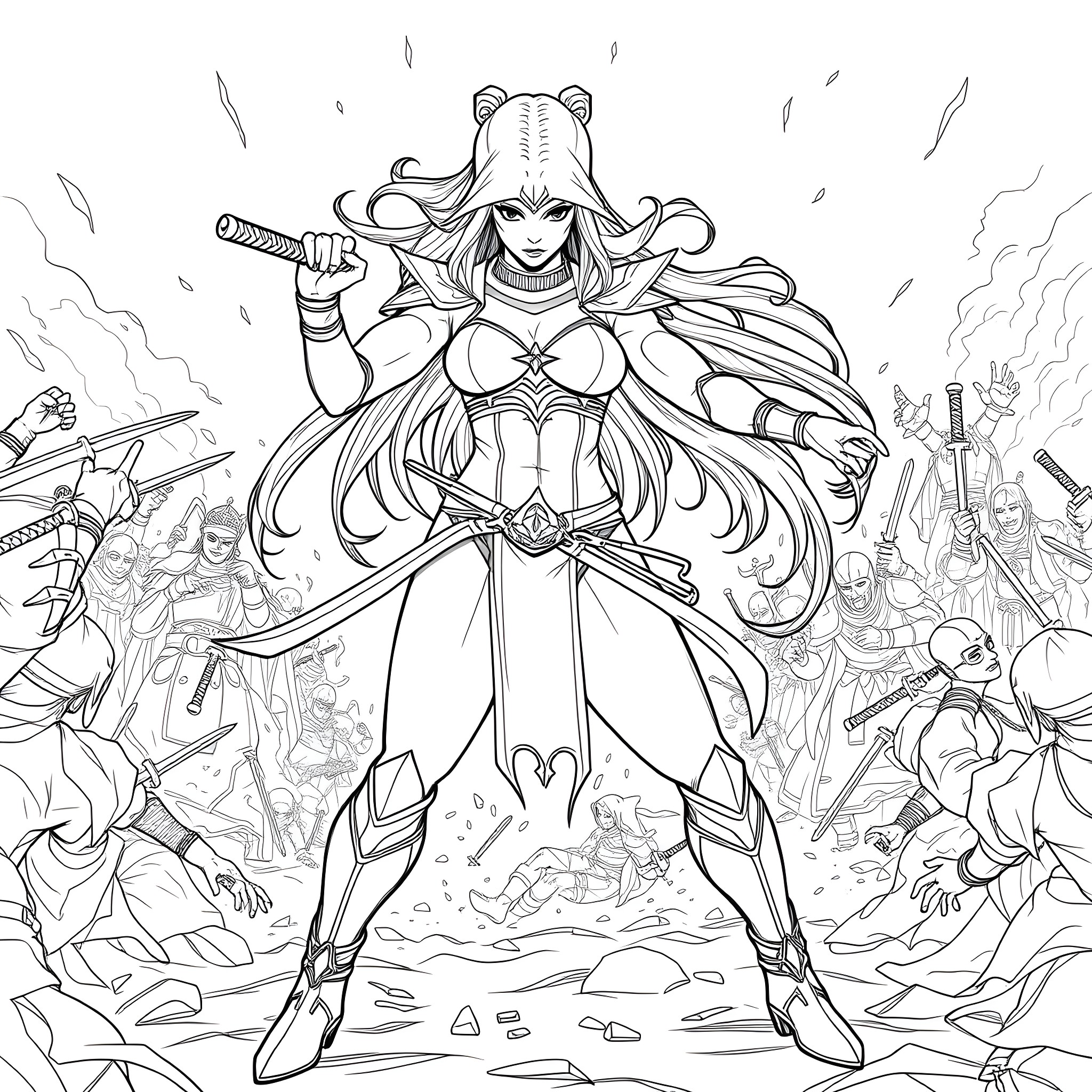Mileena, the Fierce Kombatant Amidst the Chaos Coloring Page (free black-and-white line drawing printable PDF for all, from beginners to advanced learners, including children, teens, adults, and seniors)