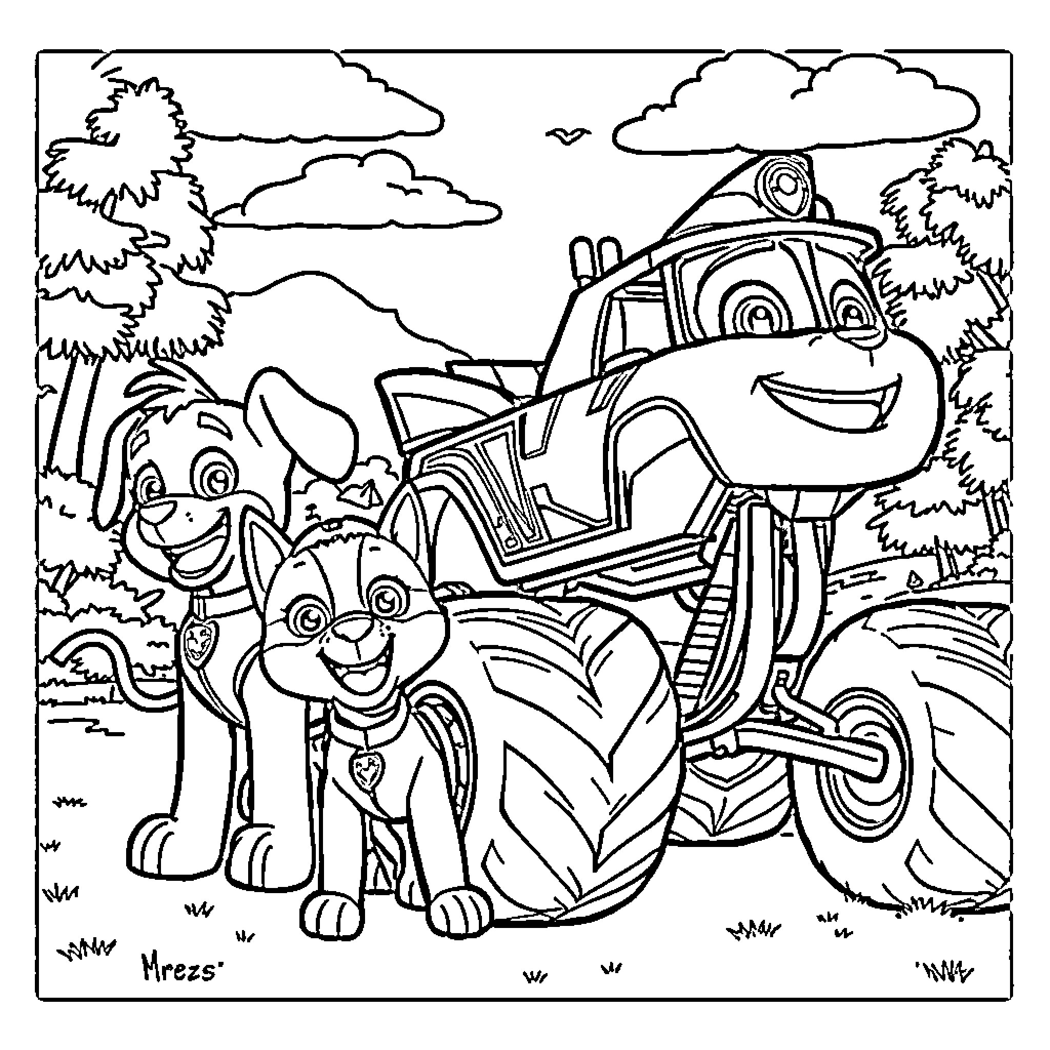 Puppy playing with construction vehicle in the park Coloring Page (free black-and-white line drawing printable PDF for all, from beginners to advanced learners, including children, teens, adults, and seniors)