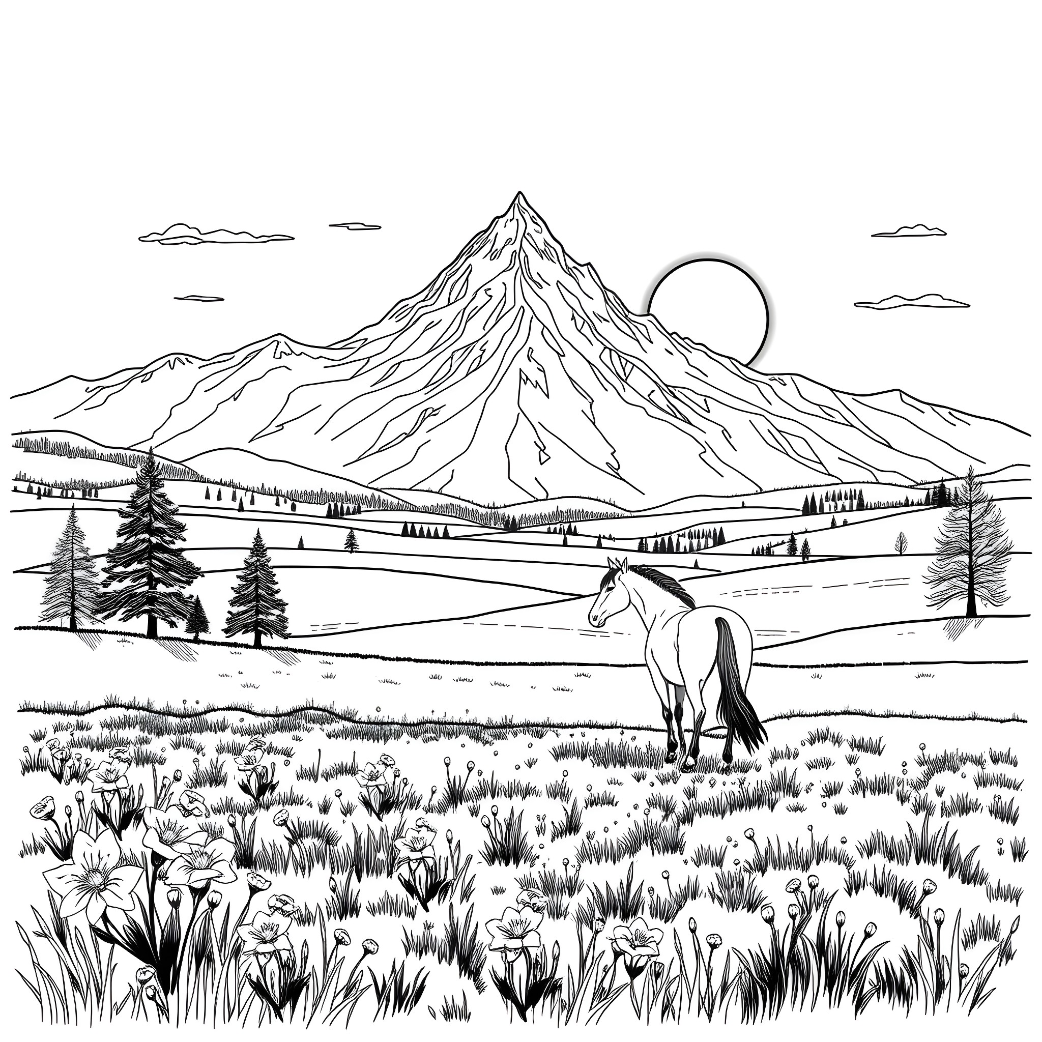 Horse roaming in the serene mountain landscape Coloring Page (free black-and-white line drawing printable PDF for all, from beginners to advanced learners, including children, teens, adults, and seniors)