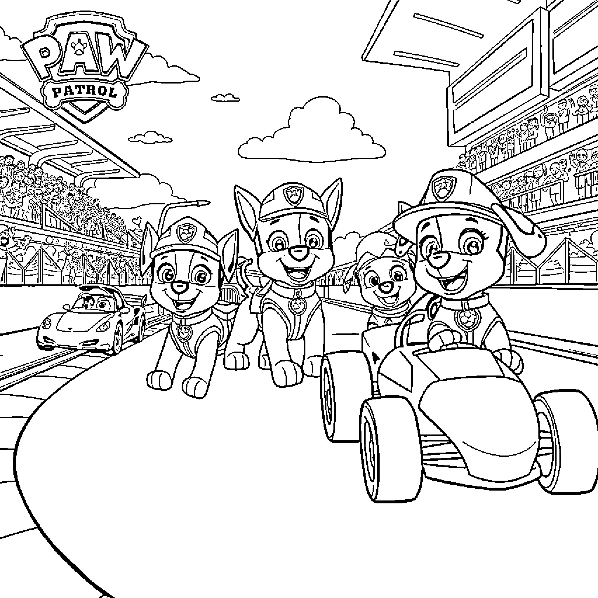 Paw Patrol Pups on Racing Adventure Coloring Page (free black-and-white line drawing printable PDF for all, from beginners to advanced learners, including children, teens, adults, and seniors)