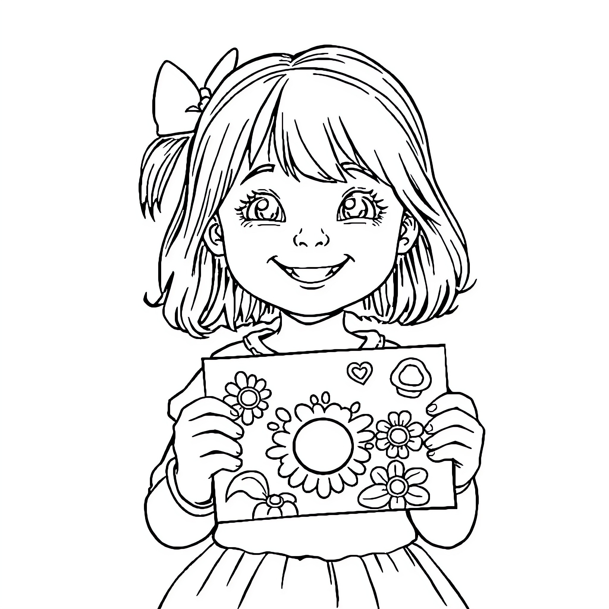 Girl happily displaying her colorful drawing Coloring Page (free black-and-white line drawing printable PDF for all, from beginners to advanced learners, including children, teens, adults, and seniors)