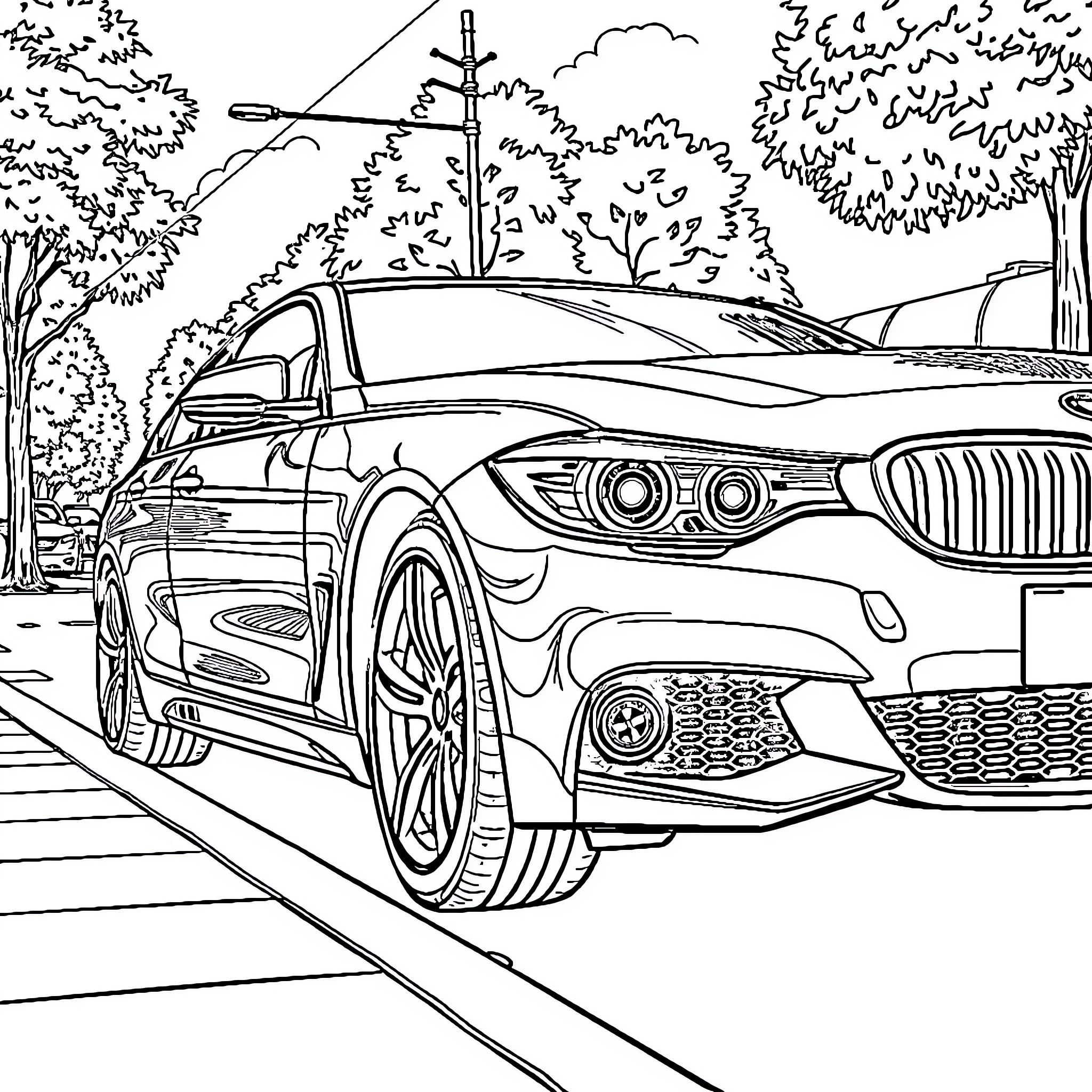 BMW Luxury Sedan Parked in Scenic Outdoors Coloring Page (free black-and-white line drawing printable PDF for all, from beginners to advanced learners, including children, teens, adults, and seniors)