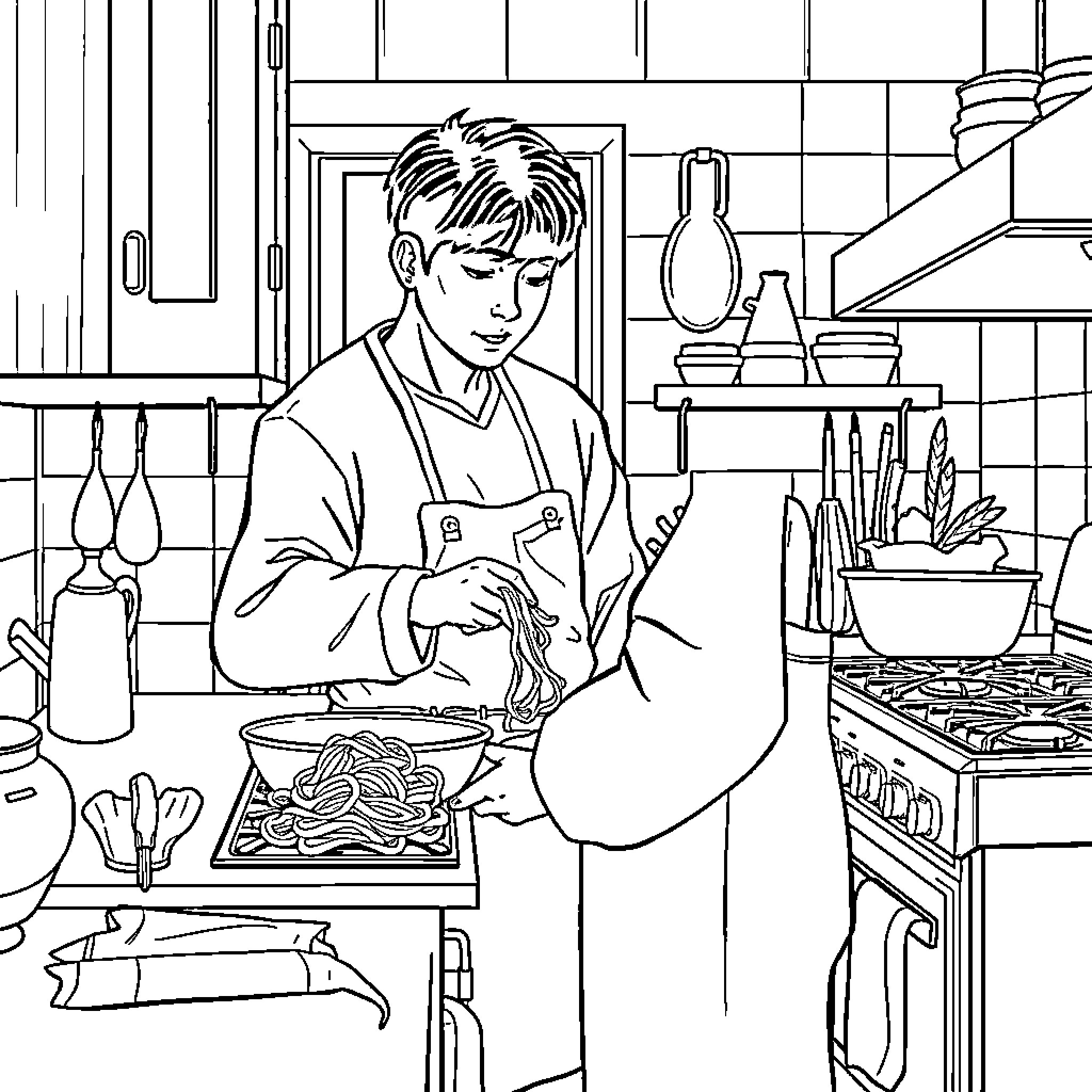 Jungkook cooking in the kitchen Coloring Page (free black-and-white line drawing printable PDF for all, from beginners to advanced learners, including children, teens, adults, and seniors)