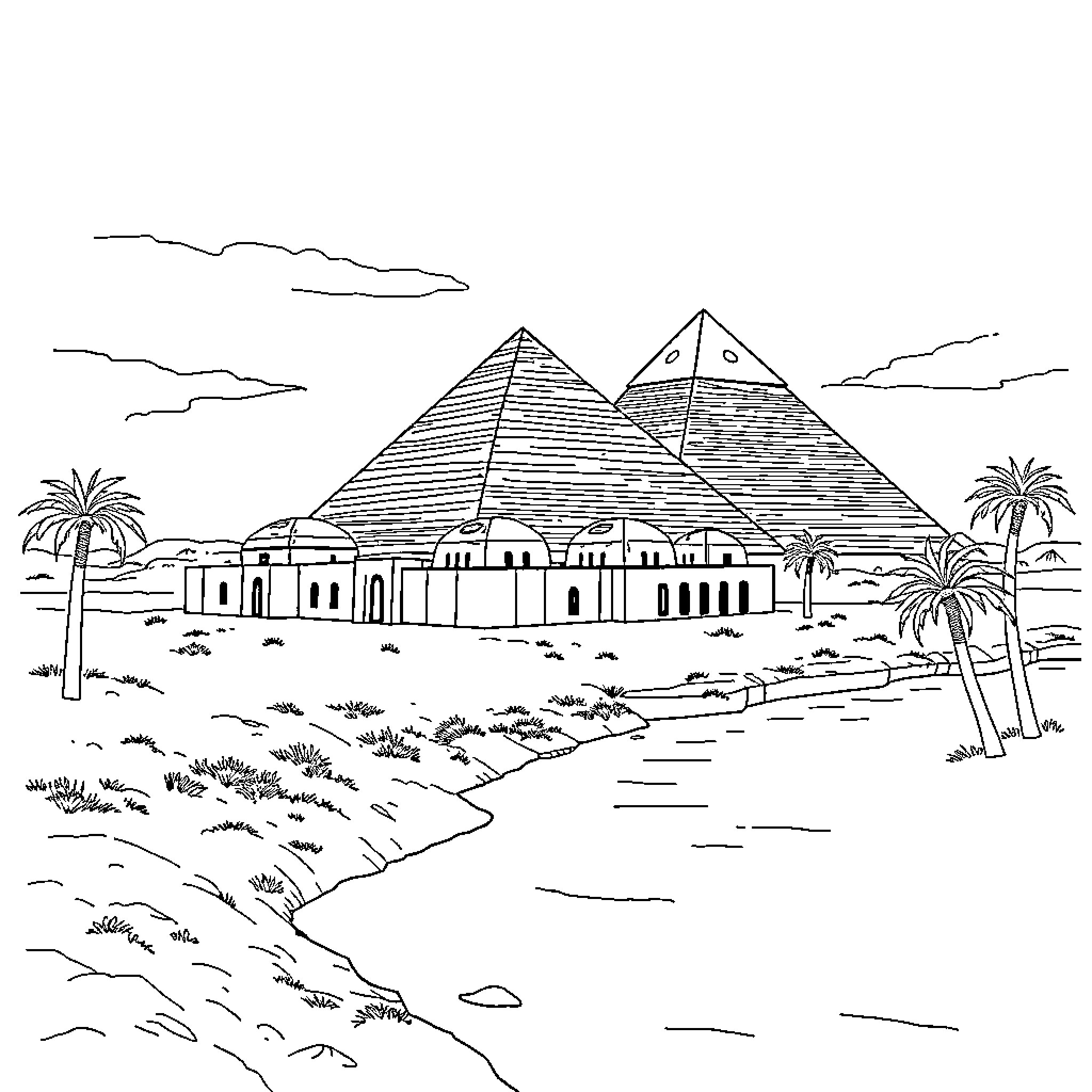 Egypt's Iconic Pyramids and Desert Landscape Coloring Page (free black-and-white line drawing printable PDF for all, from beginners to advanced learners, including children, teens, adults, and seniors)