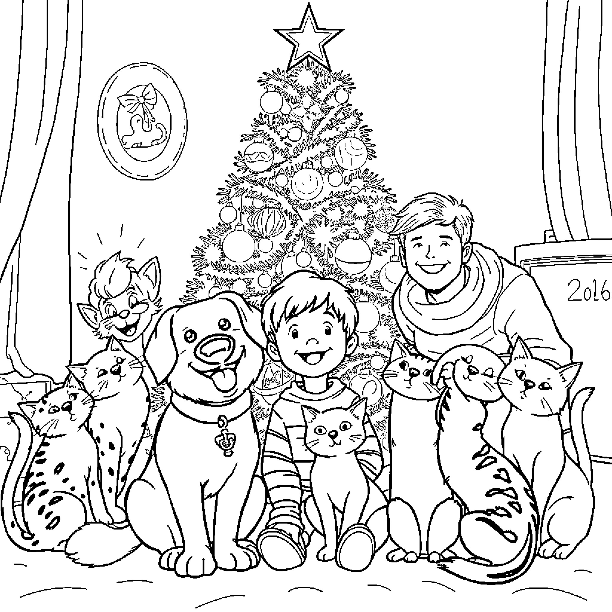 Dog and family celebrating Christmas with pets Coloring Page (free black-and-white line drawing printable PDF for all, from beginners to advanced learners, including children, teens, adults, and seniors)