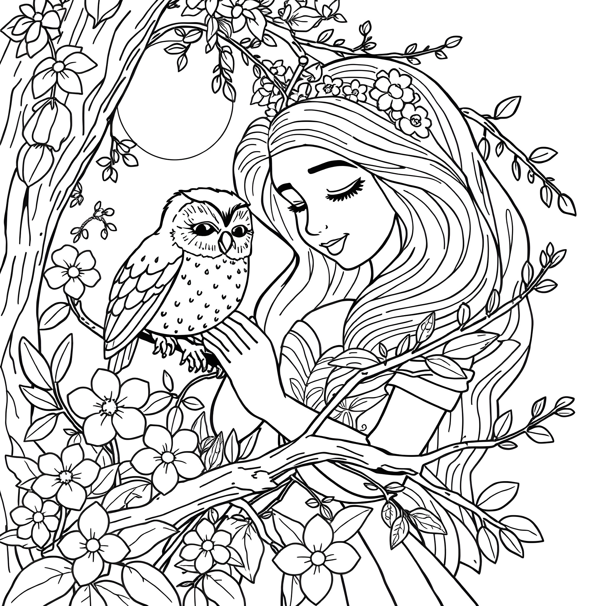 Owl and woman surrounded by flowers in nature Coloring Page (free black-and-white line drawing printable PDF for all, from beginners to advanced learners, including children, teens, adults, and seniors)