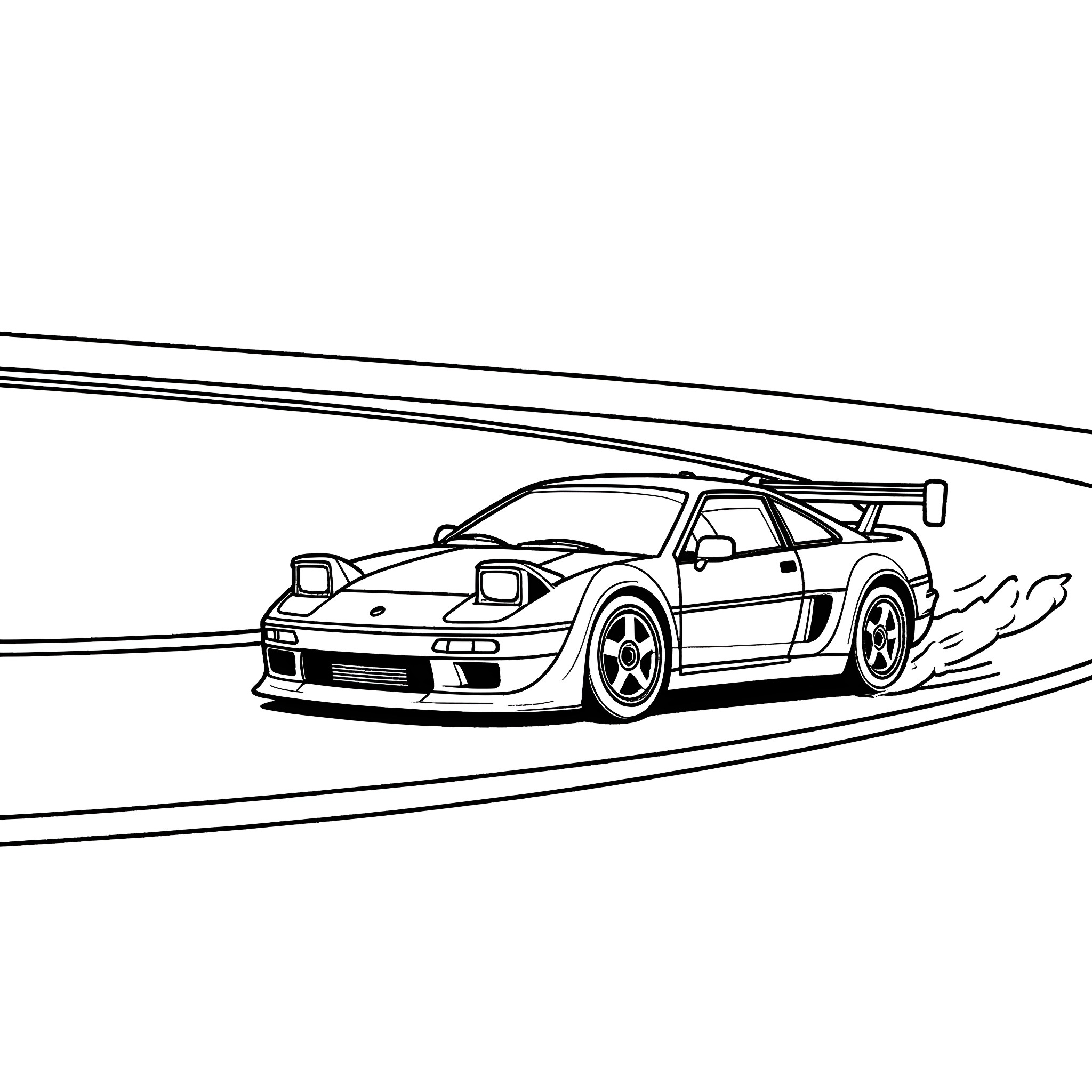 AW11 MR2 sports car racing on the track Coloring Page (free black-and-white line drawing printable PDF for all, from beginners to advanced learners, including children, teens, adults, and seniors)