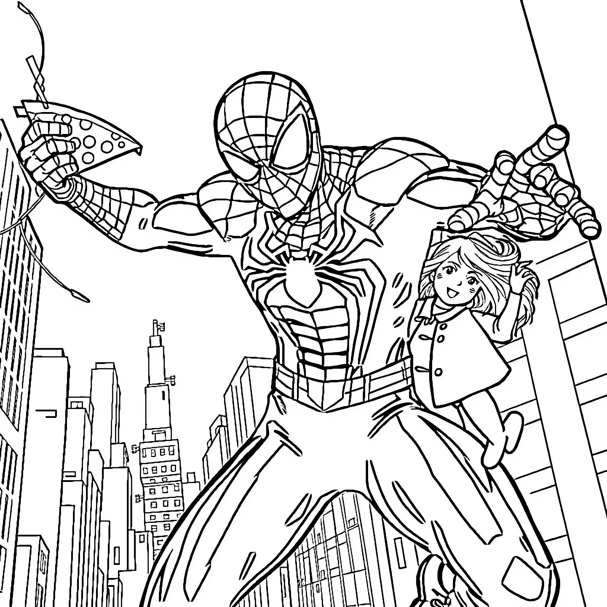 Spider-Man Swinging Through the City with a Woman Coloring Page (free black-and-white line drawing printable PDF for all, from beginners to advanced learners, including children, teens, adults, and seniors)