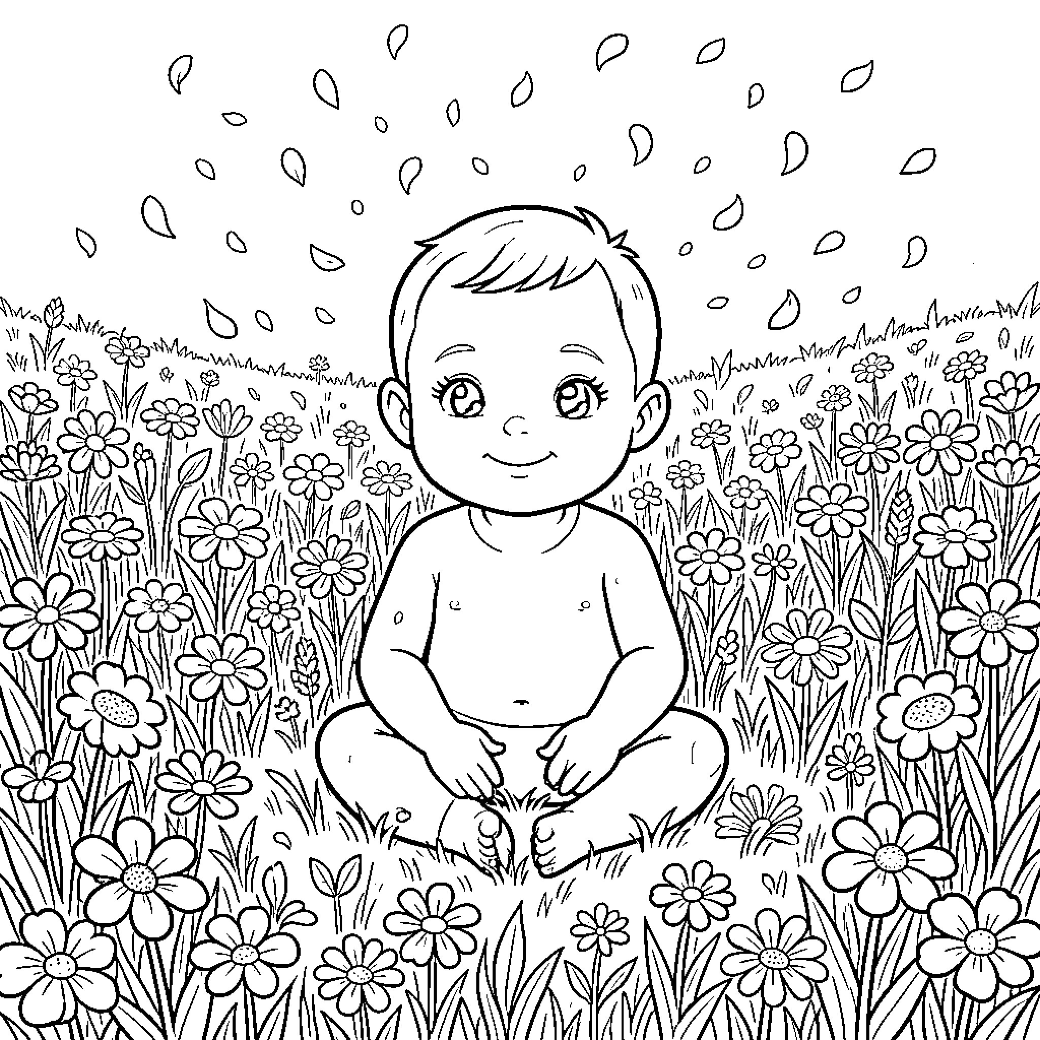 Baby sitting happily in a field of flowers Coloring Page (free black-and-white line drawing printable PDF for all, from beginners to advanced learners, including children, teens, adults, and seniors)