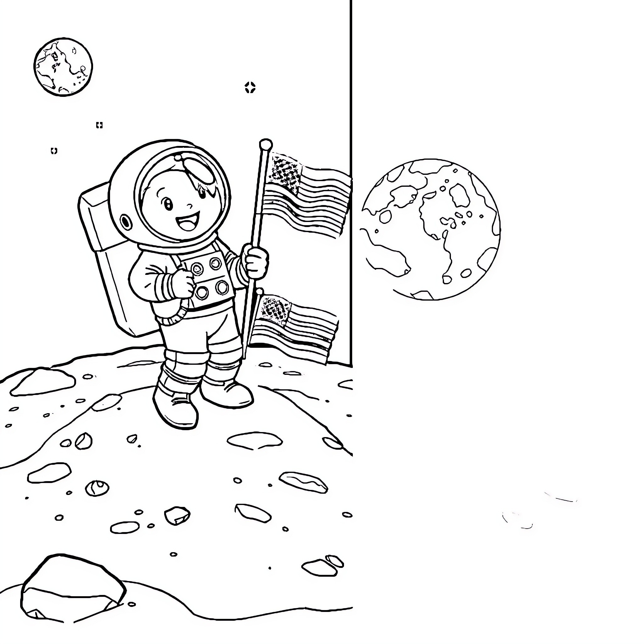 Astronaut exploring the moon with an American flag Coloring Page (free black-and-white line drawing printable PDF for all, from beginners to advanced learners, including children, teens, adults, and seniors)