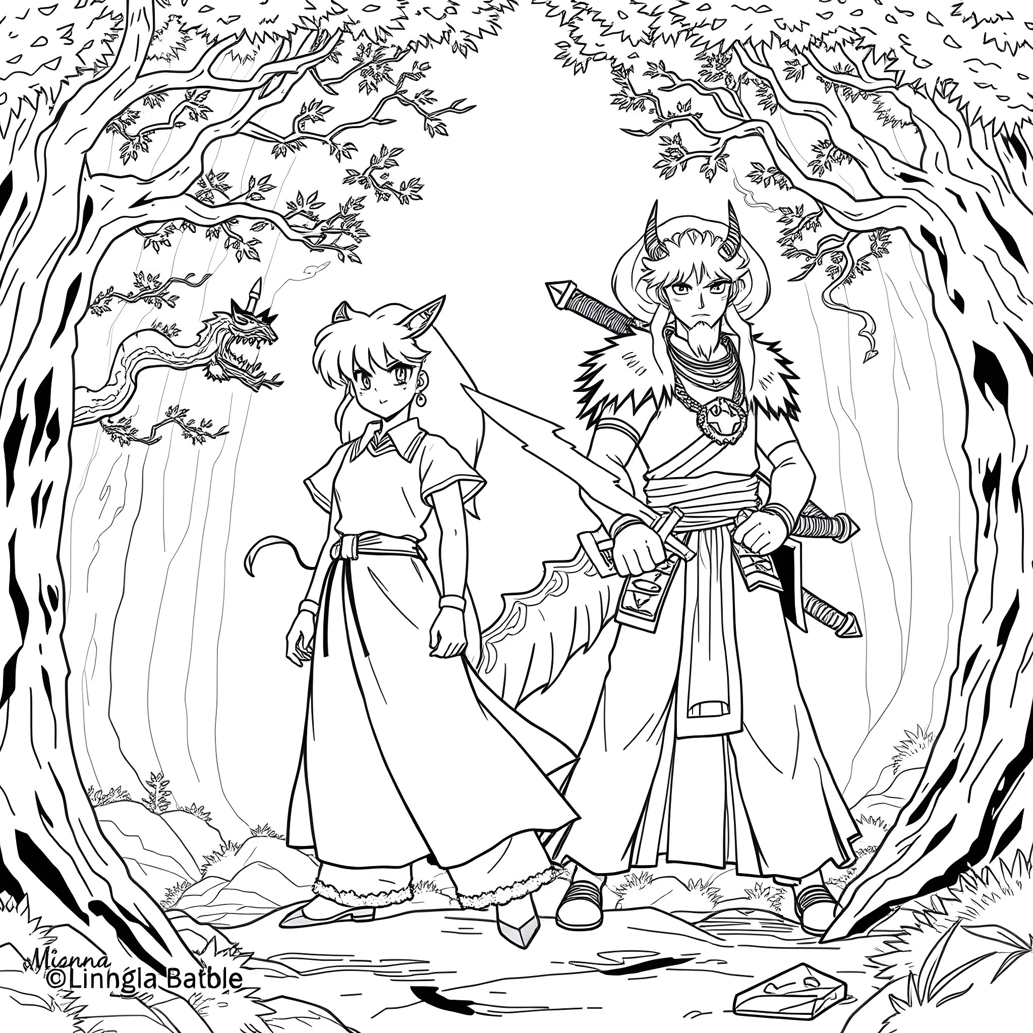 Inuyasha and Kagome in a forest adventure Coloring Page (free black-and-white line drawing printable PDF for all, from beginners to advanced learners, including children, teens, adults, and seniors)