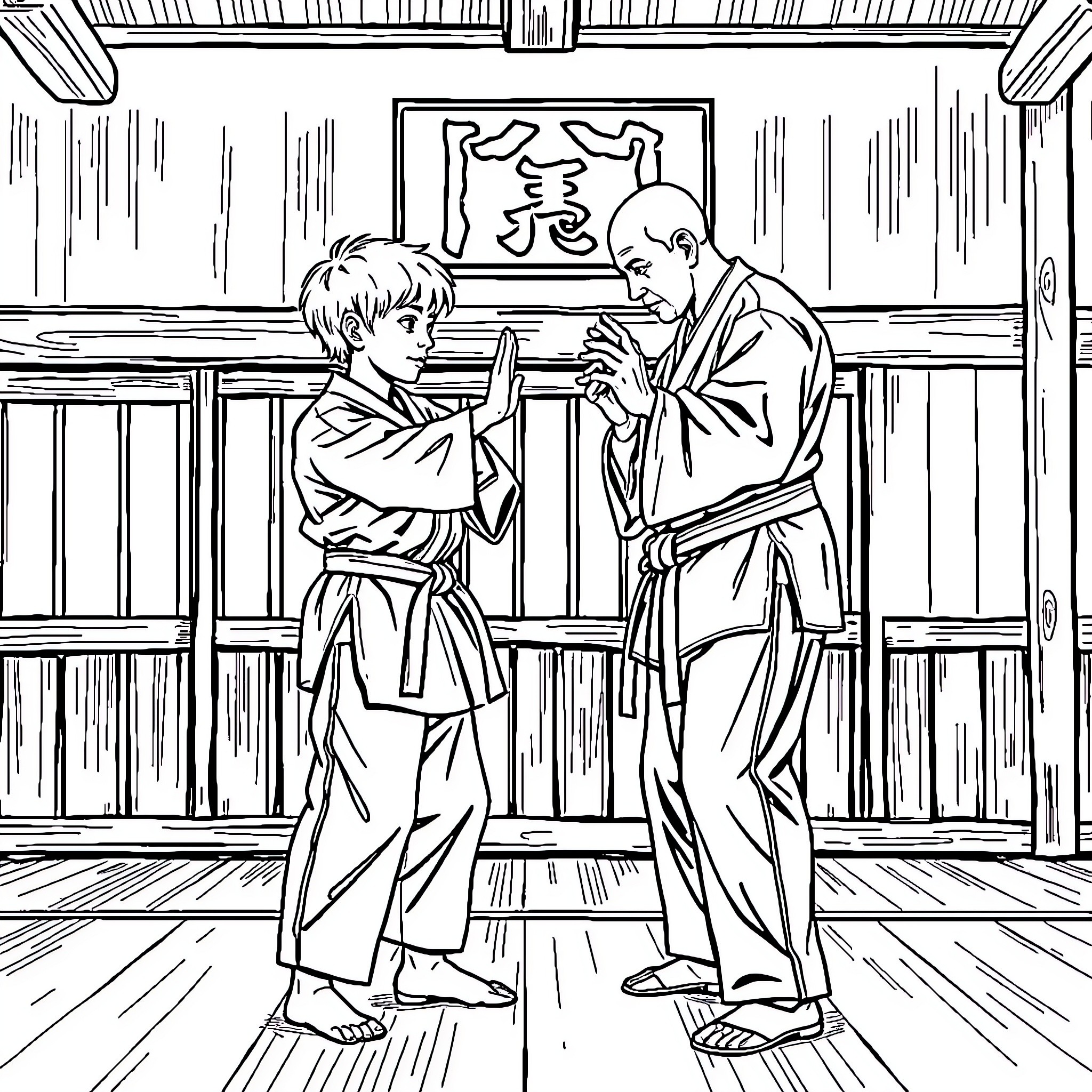 Karate Kid learns from Sensei in traditional dojo Coloring Page (free black-and-white line drawing printable PDF for all, from beginners to advanced learners, including children, teens, adults, and seniors)