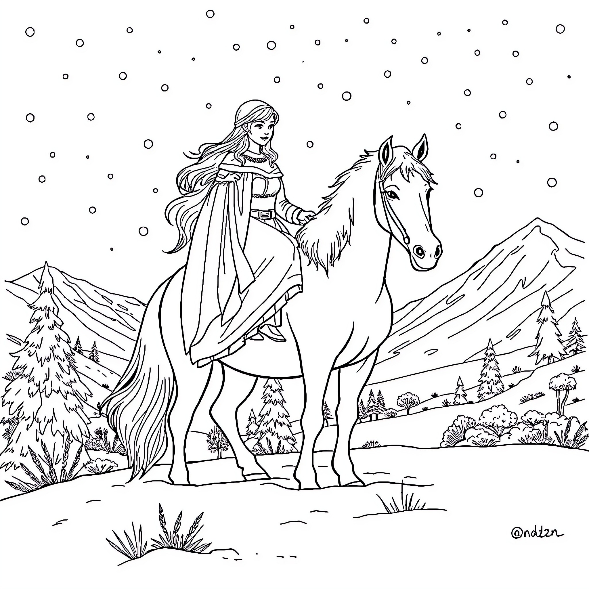 Snow Queen riding majestic horse in winter wonderland Coloring Page (free black-and-white line drawing printable PDF for all, from beginners to advanced learners, including children, teens, adults, and seniors)
