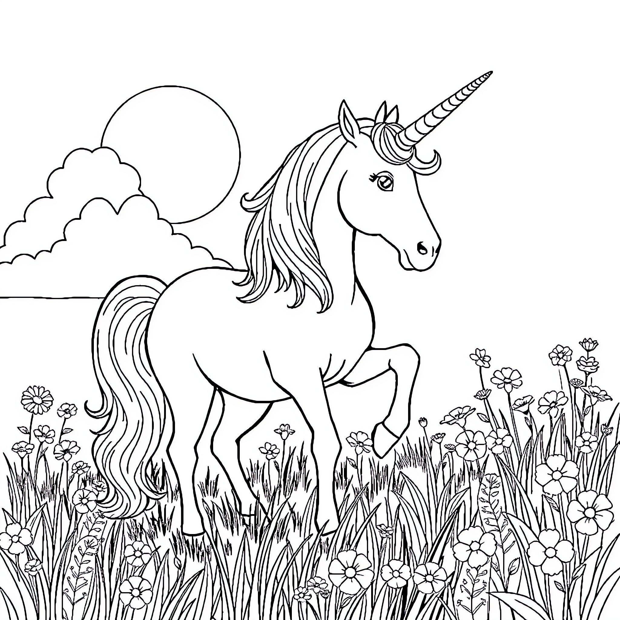 Unicorn standing amidst blooming flowers in the meadow Coloring Page (free black-and-white line drawing printable PDF for all, from beginners to advanced learners, including children, teens, adults, and seniors)