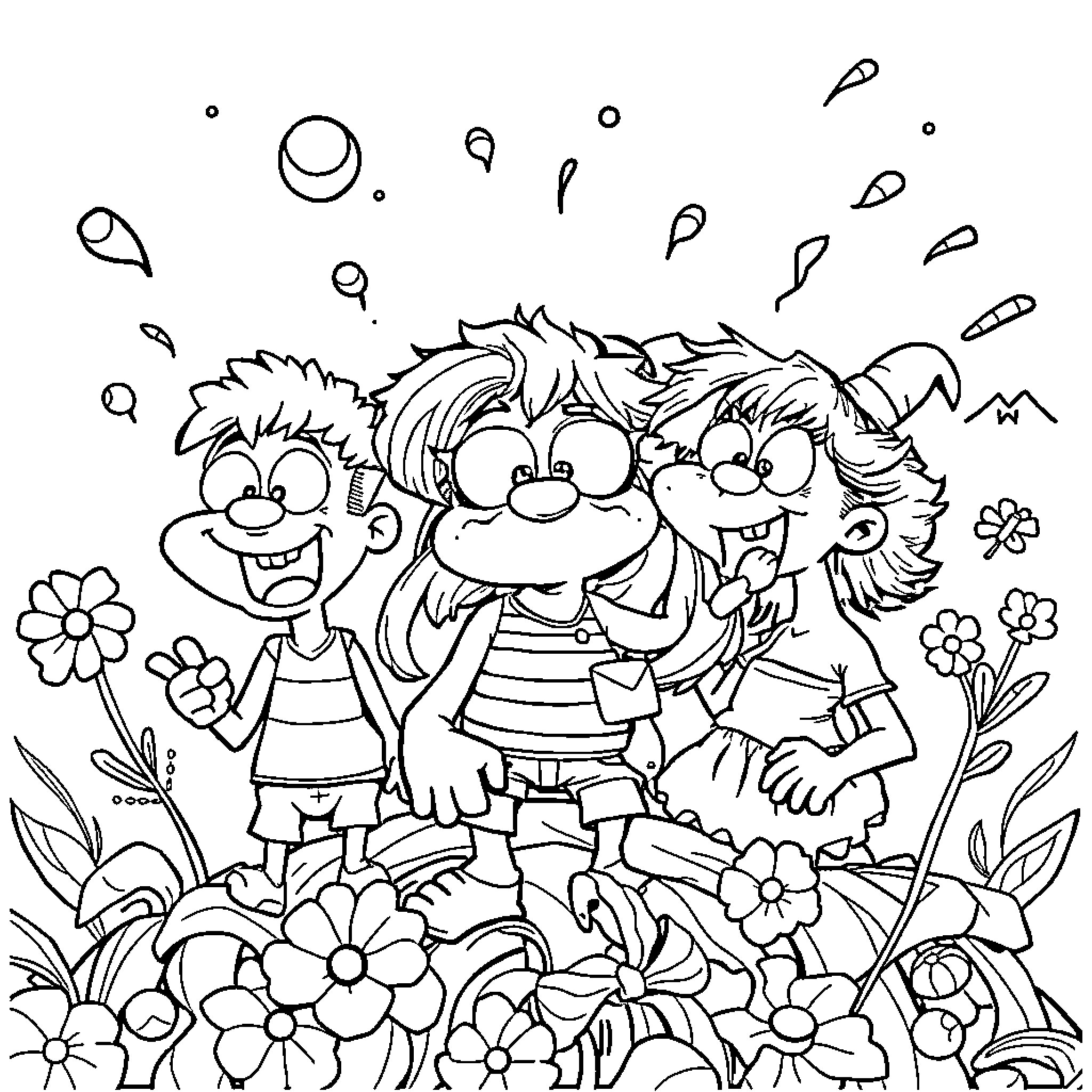 Comic Trio of Whimsical Characters in Flower Garden Coloring Page (free black-and-white line drawing printable PDF for all, from beginners to advanced learners, including children, teens, adults, and seniors)
