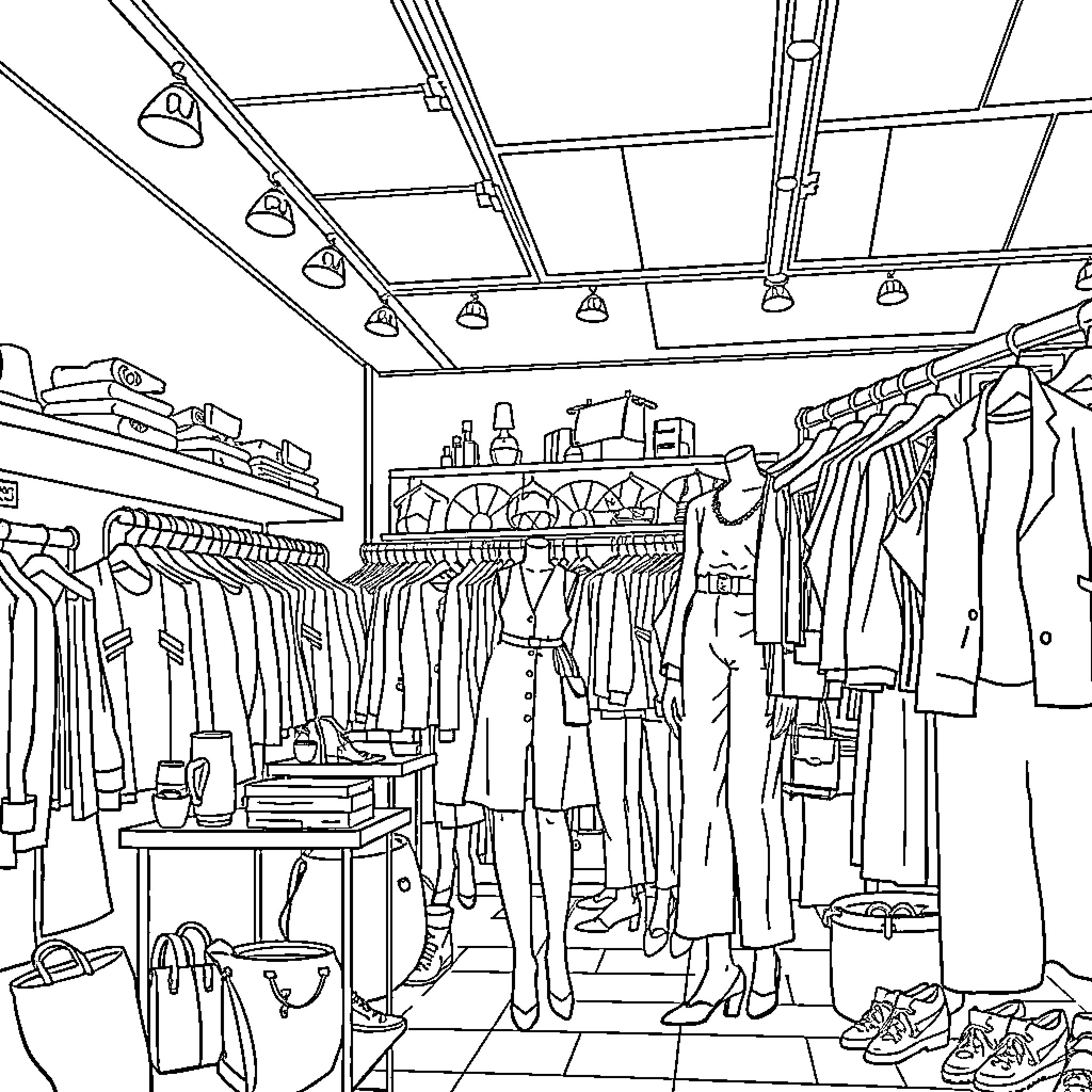 Fashion Showcase of Stylish Clothing and Accessories Coloring Page (free black-and-white line drawing printable PDF for all, from beginners to advanced learners, including children, teens, adults, and seniors)