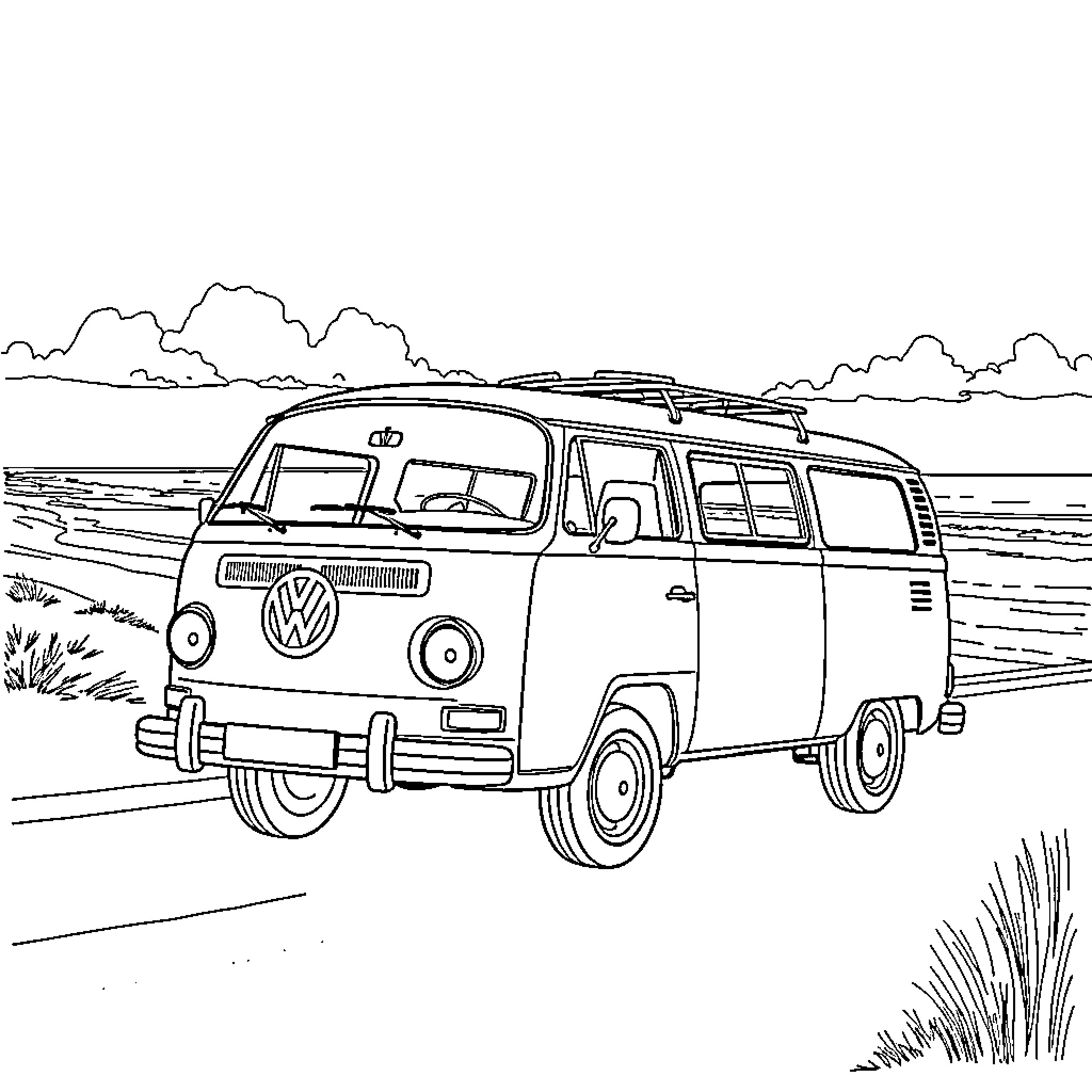 Volkswagen van driving through scenic countryside Coloring Page (free black-and-white line drawing printable PDF for all, from beginners to advanced learners, including children, teens, adults, and seniors)