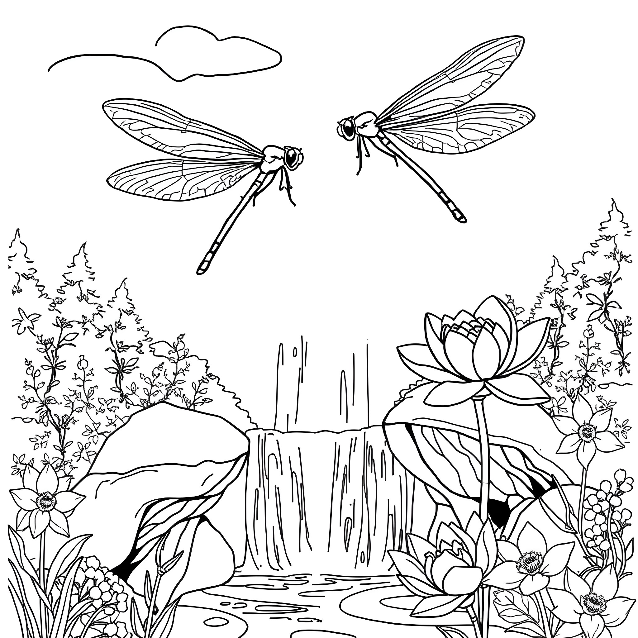 Dragonflies soaring above a serene pond Coloring Page (free black-and-white line drawing printable PDF for all, from beginners to advanced learners, including children, teens, adults, and seniors)