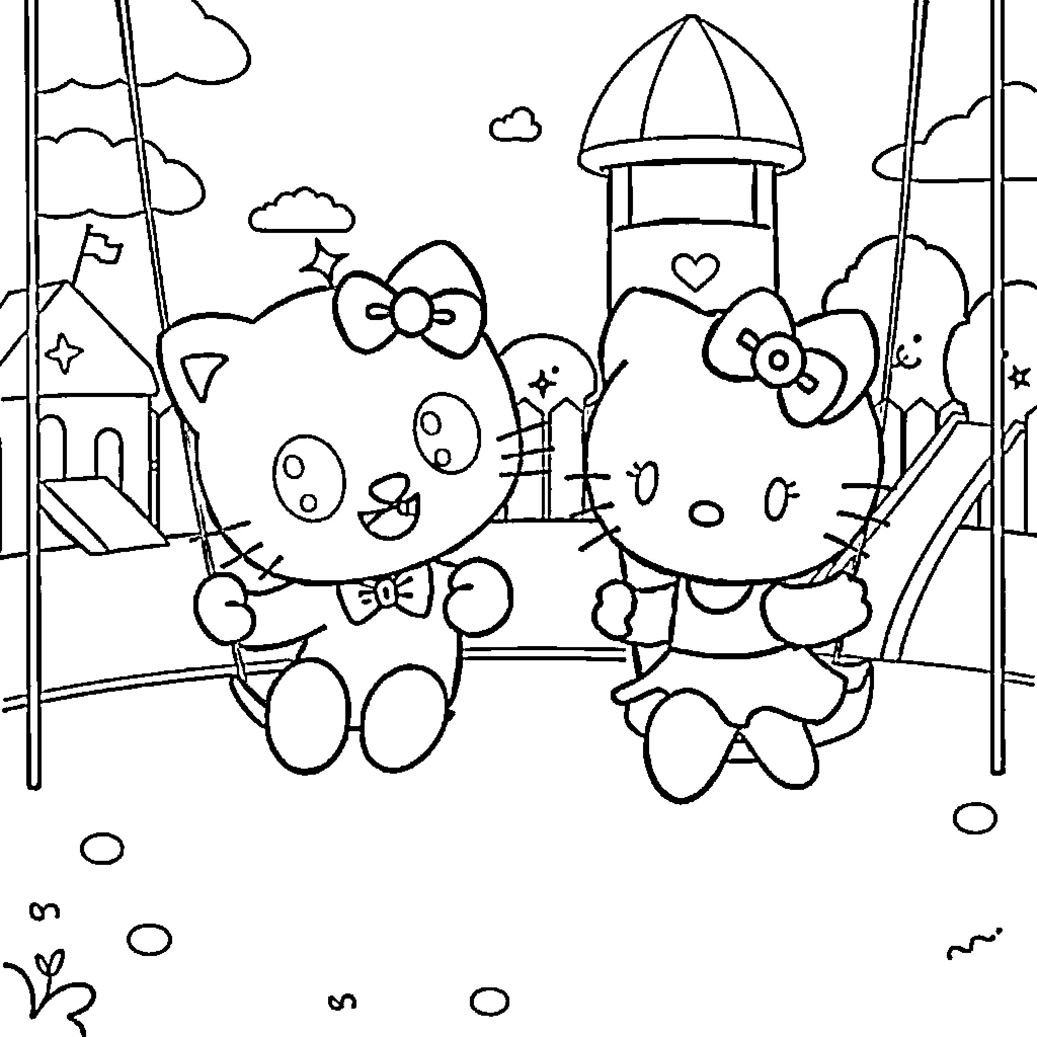 Bluey and Friends Explore the Whimsical Park Coloring Page (free black-and-white line drawing printable PDF for all, from beginners to advanced learners, including children, teens, adults, and seniors)