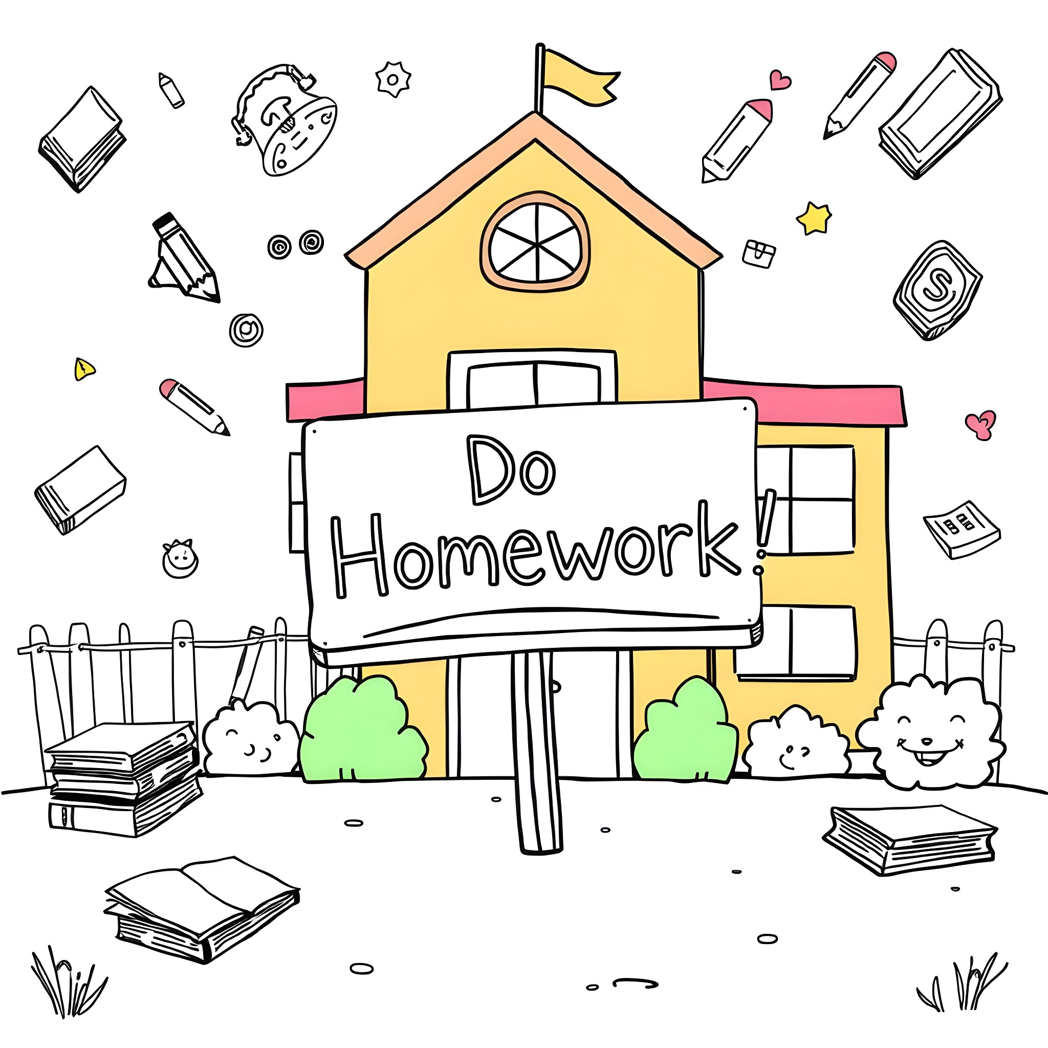 Sign for doing homework at school Coloring Page (free black-and-white line drawing printable PDF for all, from beginners to advanced learners, including children, teens, adults, and seniors)