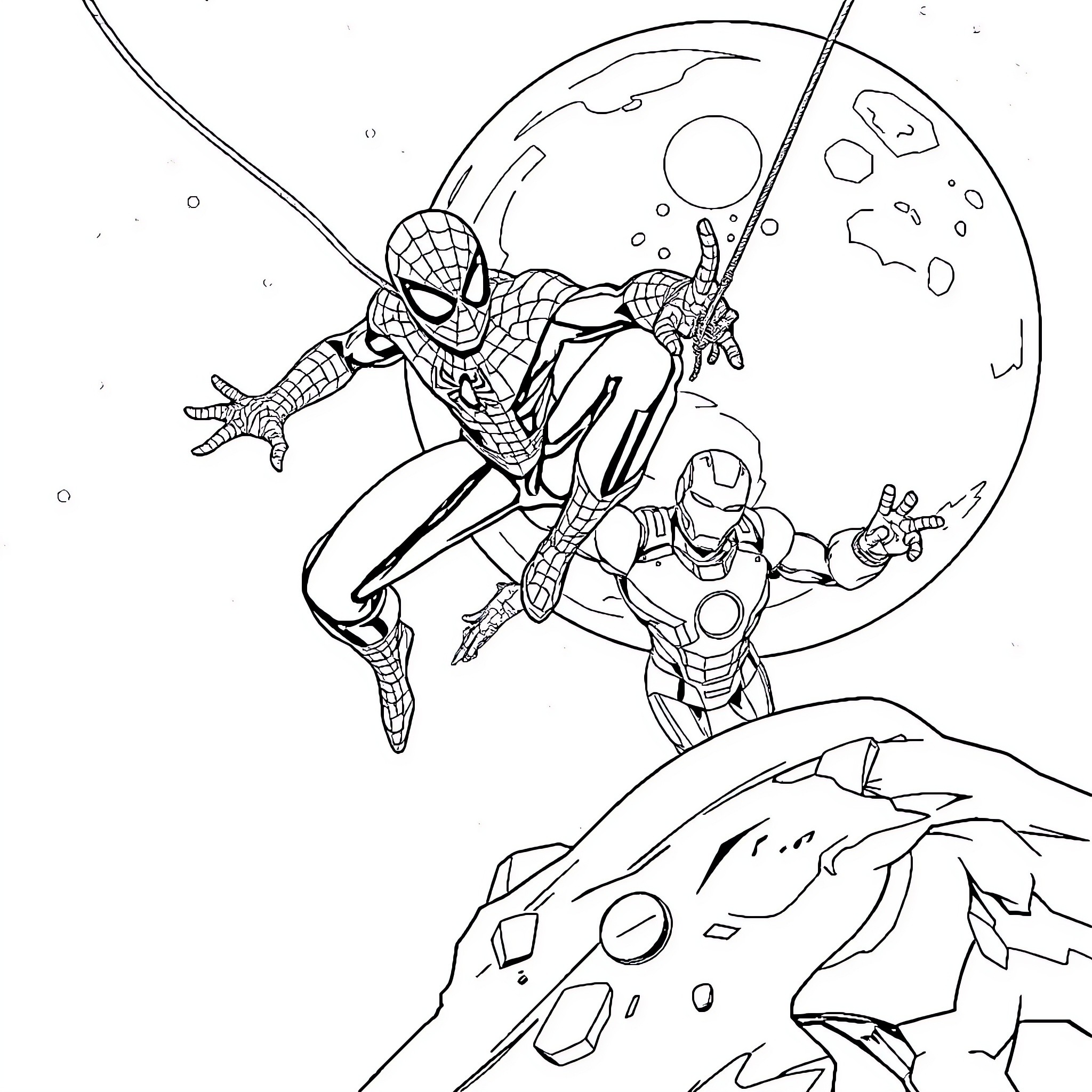 Spider-Man leaping into action with Iron Man Coloring Page (free black-and-white line drawing printable PDF for all, from beginners to advanced learners, including children, teens, adults, and seniors)