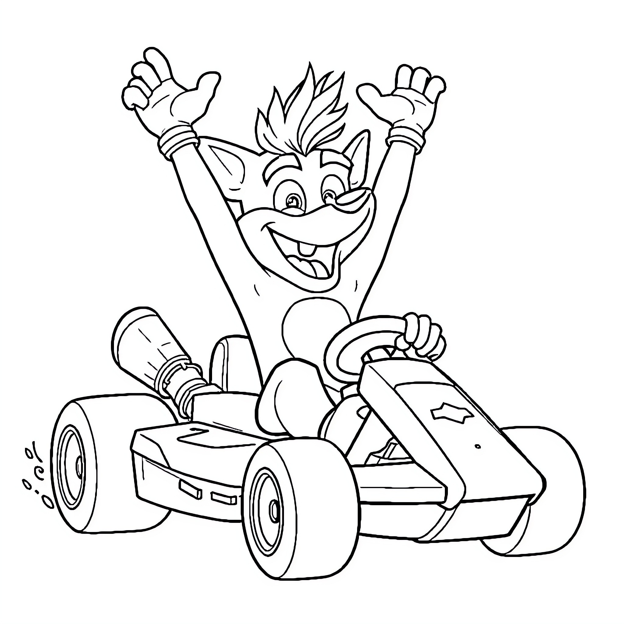 Bandicoot Driving Recklessly in a Kart Coloring Page (free black-and-white line drawing printable PDF for all, from beginners to advanced learners, including children, teens, adults, and seniors)