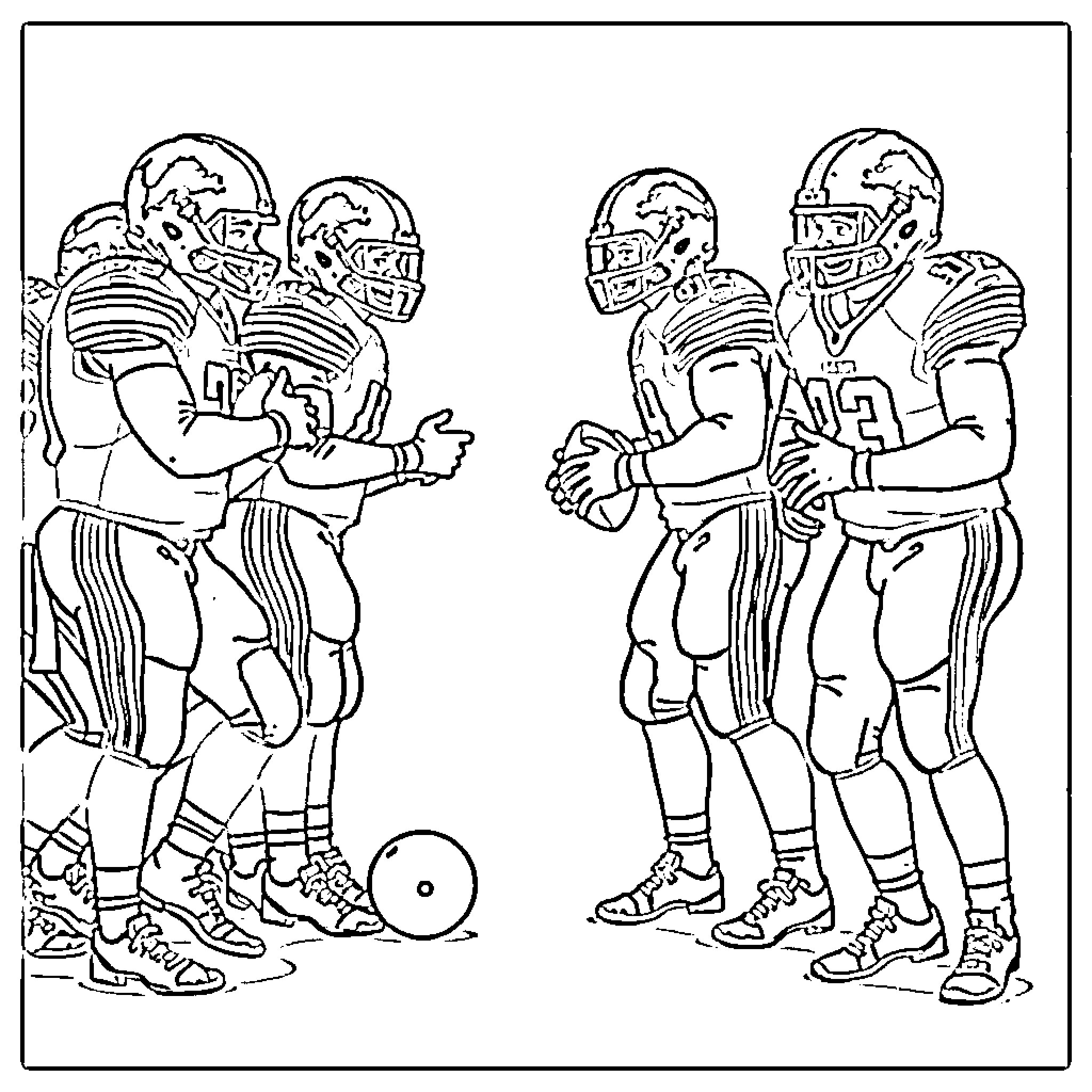 Lion football players in huddle before game Coloring Page (free black-and-white line drawing printable PDF for all, from beginners to advanced learners, including children, teens, adults, and seniors)