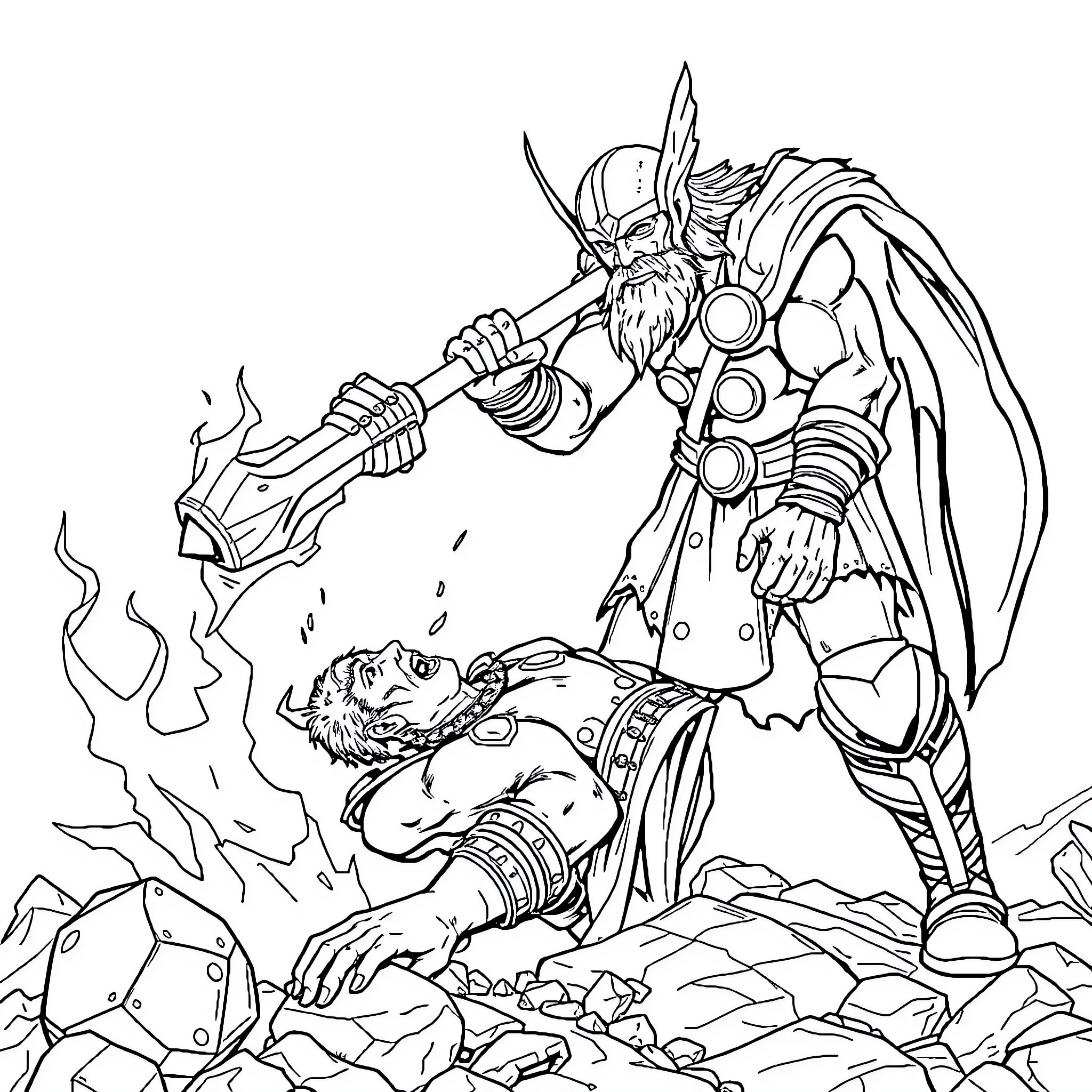 Thor's Mighty Battle Against a Formidable Foe Coloring Page (free black-and-white line drawing printable PDF for all, from beginners to advanced learners, including children, teens, adults, and seniors)