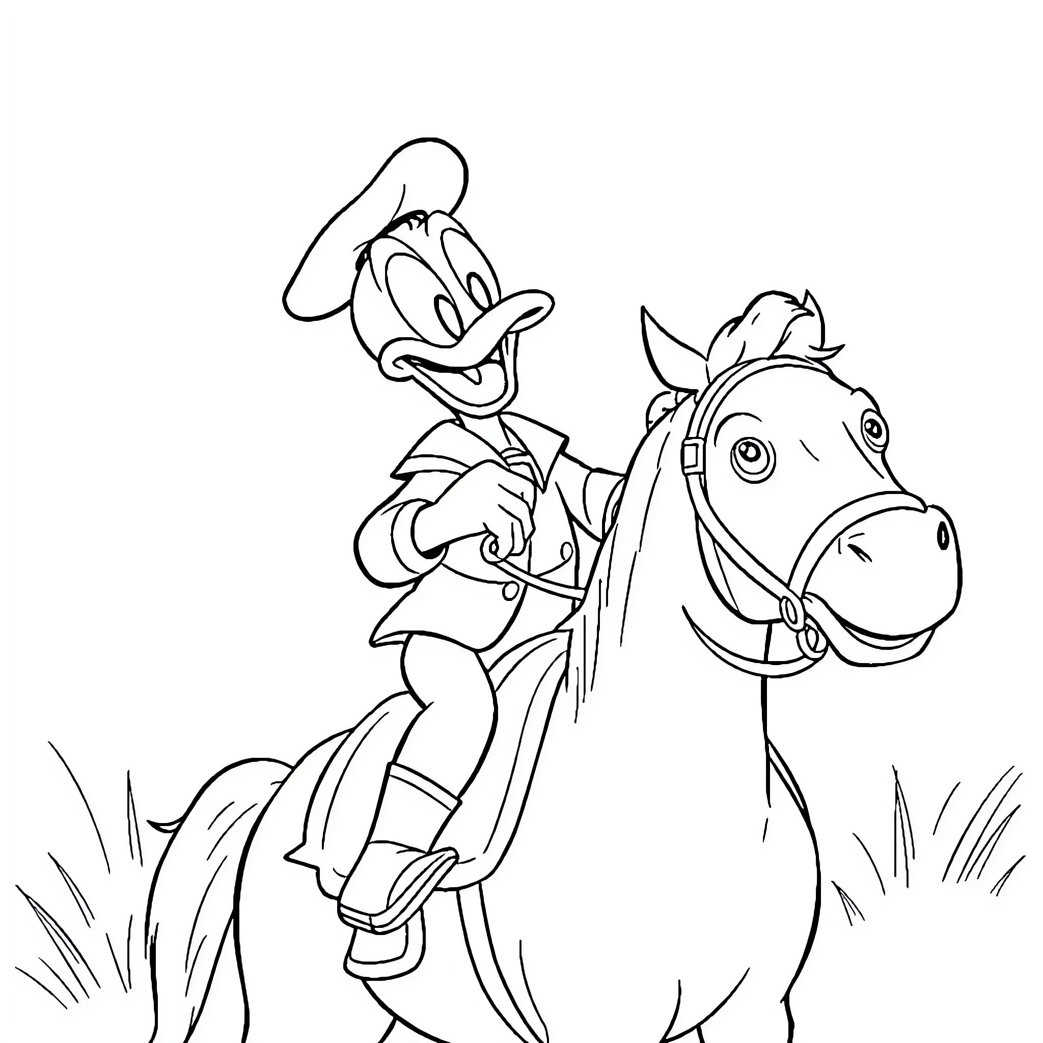 Donald Duck riding a horse in the countryside Coloring Page (free black-and-white line drawing printable PDF for all, from beginners to advanced learners, including children, teens, adults, and seniors)
