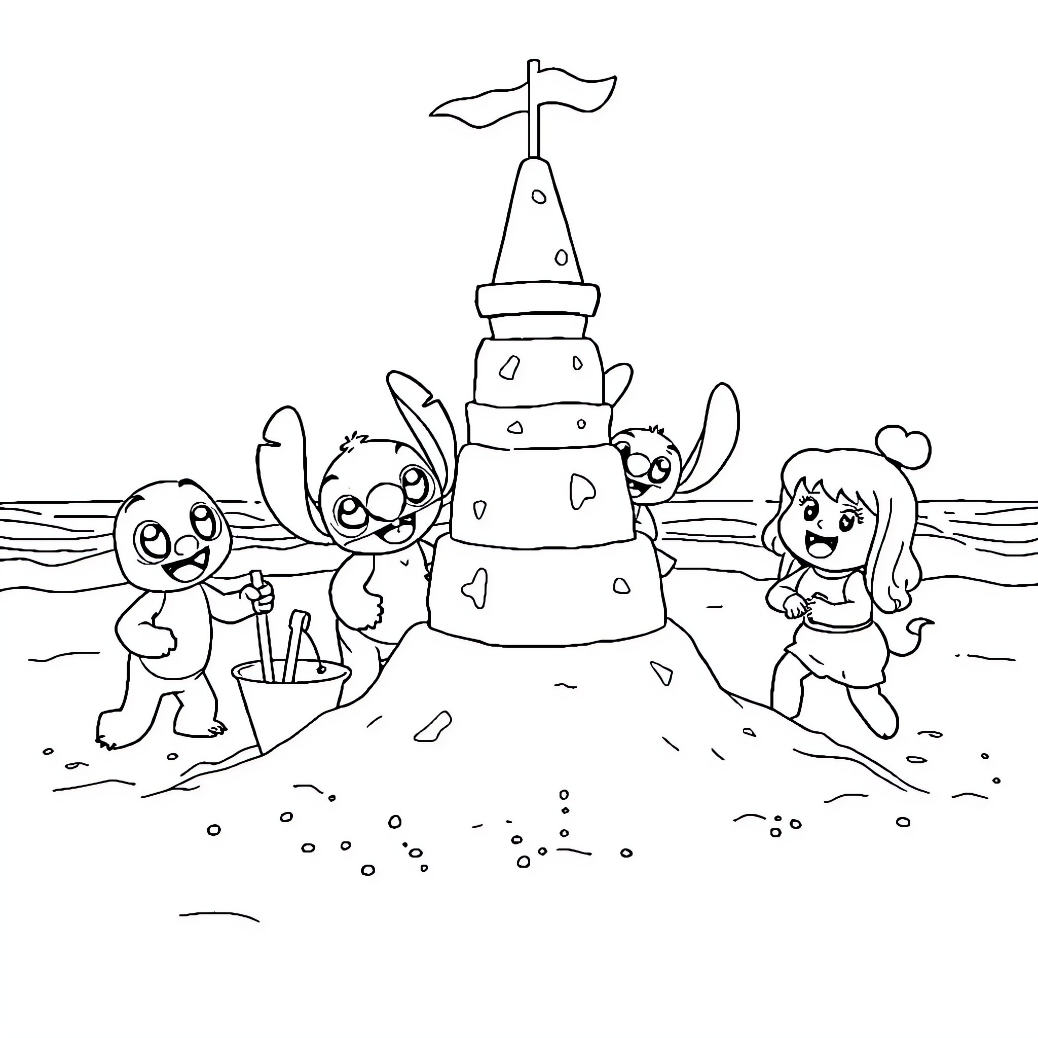 Lilo and friends building a sandcastle on the beach Coloring Page (free black-and-white line drawing printable PDF for all, from beginners to advanced learners, including children, teens, adults, and seniors)