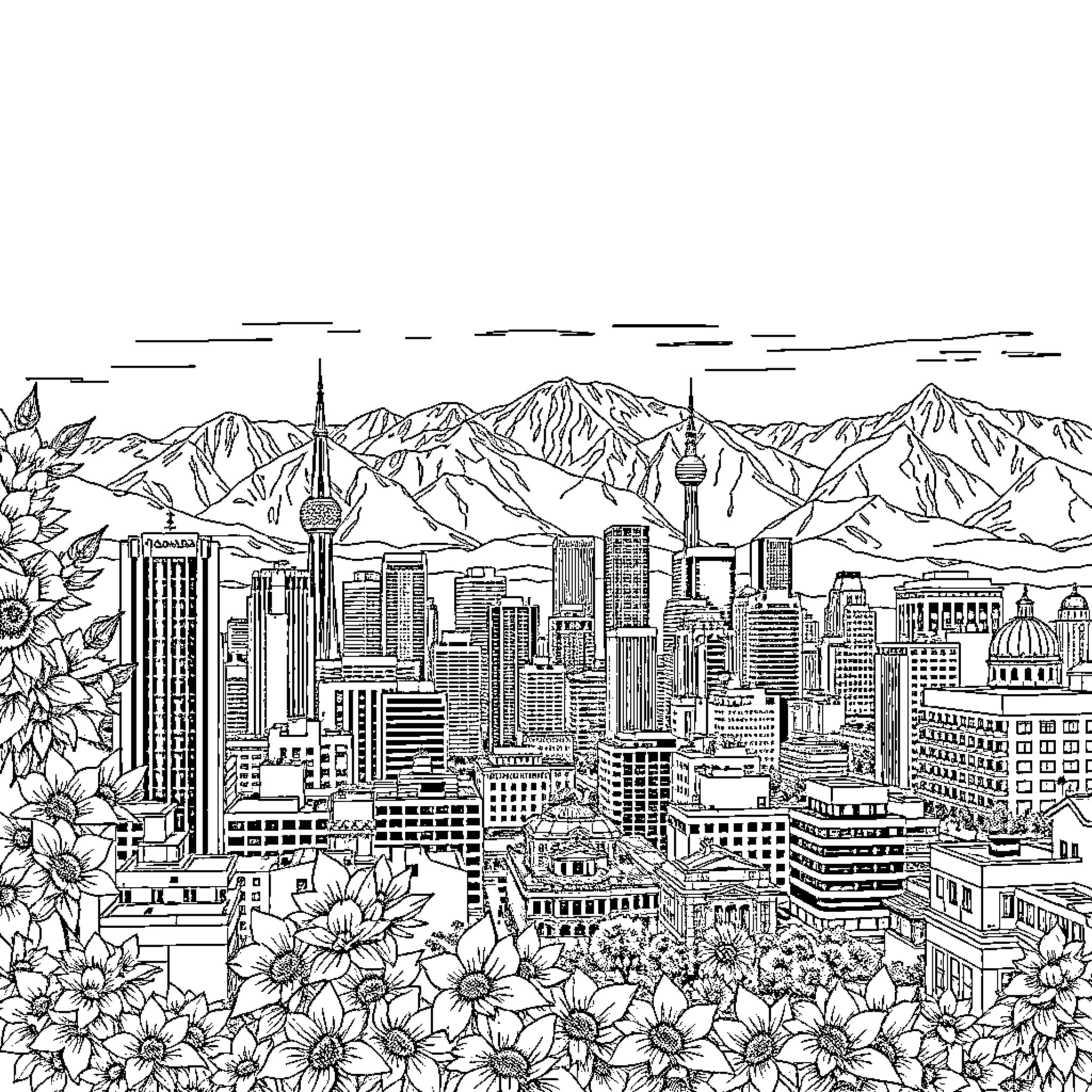 Santiago's Bustling Cityscape Amidst Mountainous Splendor Coloring Page (free black-and-white line drawing printable PDF for all, from beginners to advanced learners, including children, teens, adults, and seniors)