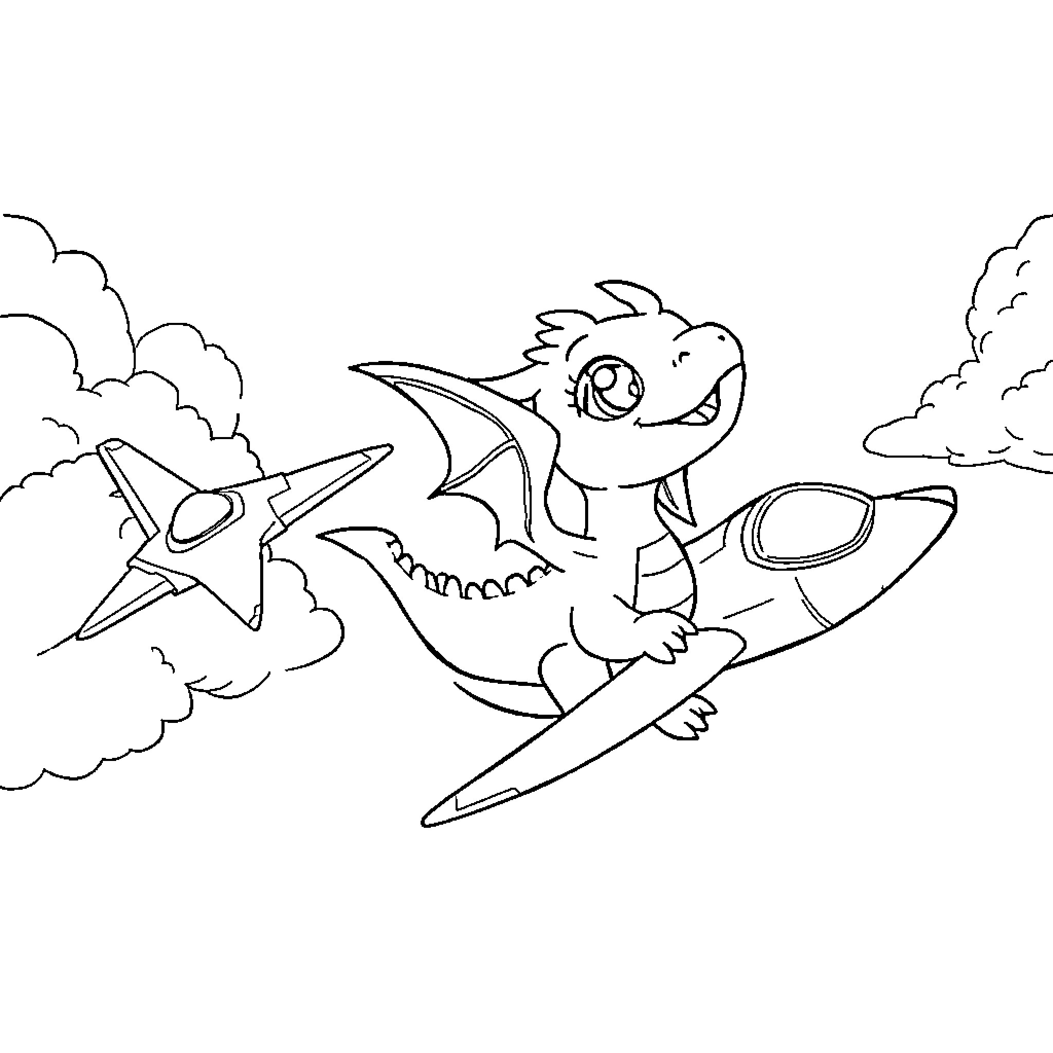 Dragon riding a jet through the clouds Coloring Page (free black-and-white line drawing printable PDF for all, from beginners to advanced learners, including children, teens, adults, and seniors)