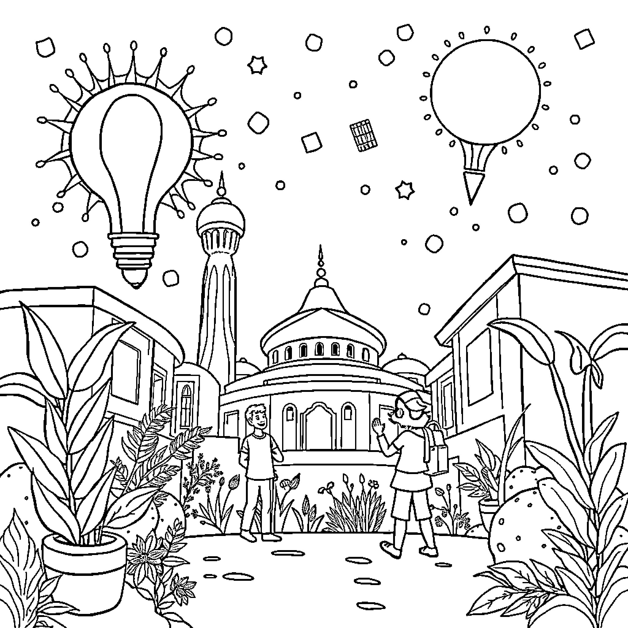 Youth Exploring Imaginative City Landscape Coloring Page (free black-and-white line drawing printable PDF for all, from beginners to advanced learners, including children, teens, adults, and seniors)
