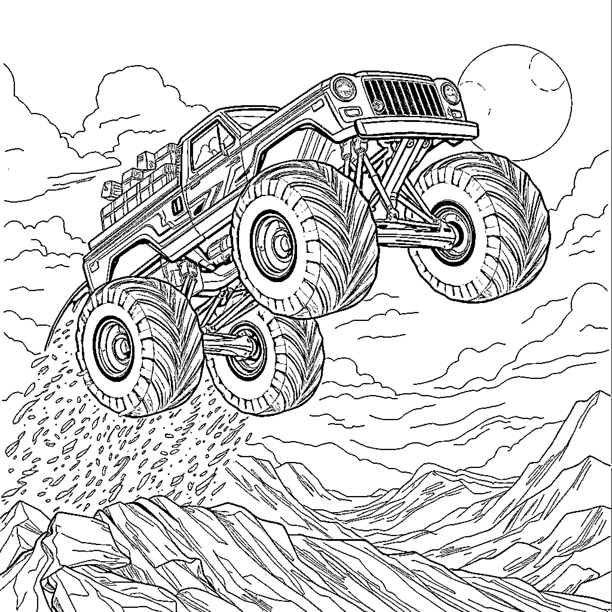 Monster Truck Scaling Rugged Terrain Coloring Page (free black-and-white line drawing printable PDF for all, from beginners to advanced learners, including children, teens, adults, and seniors)
