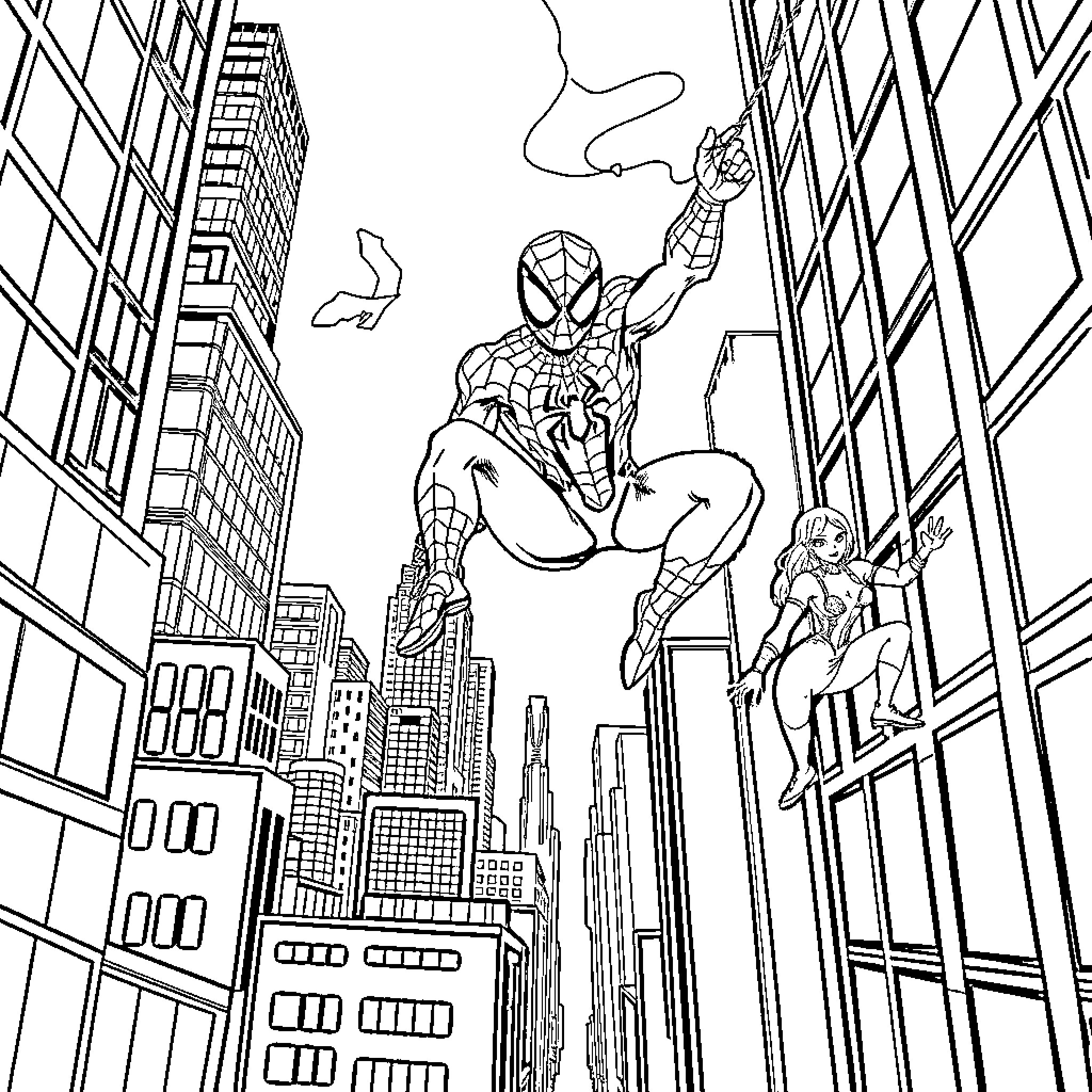 Spider-Man swinging through the city skyline Coloring Page (free black-and-white line drawing printable PDF for all, from beginners to advanced learners, including children, teens, adults, and seniors)