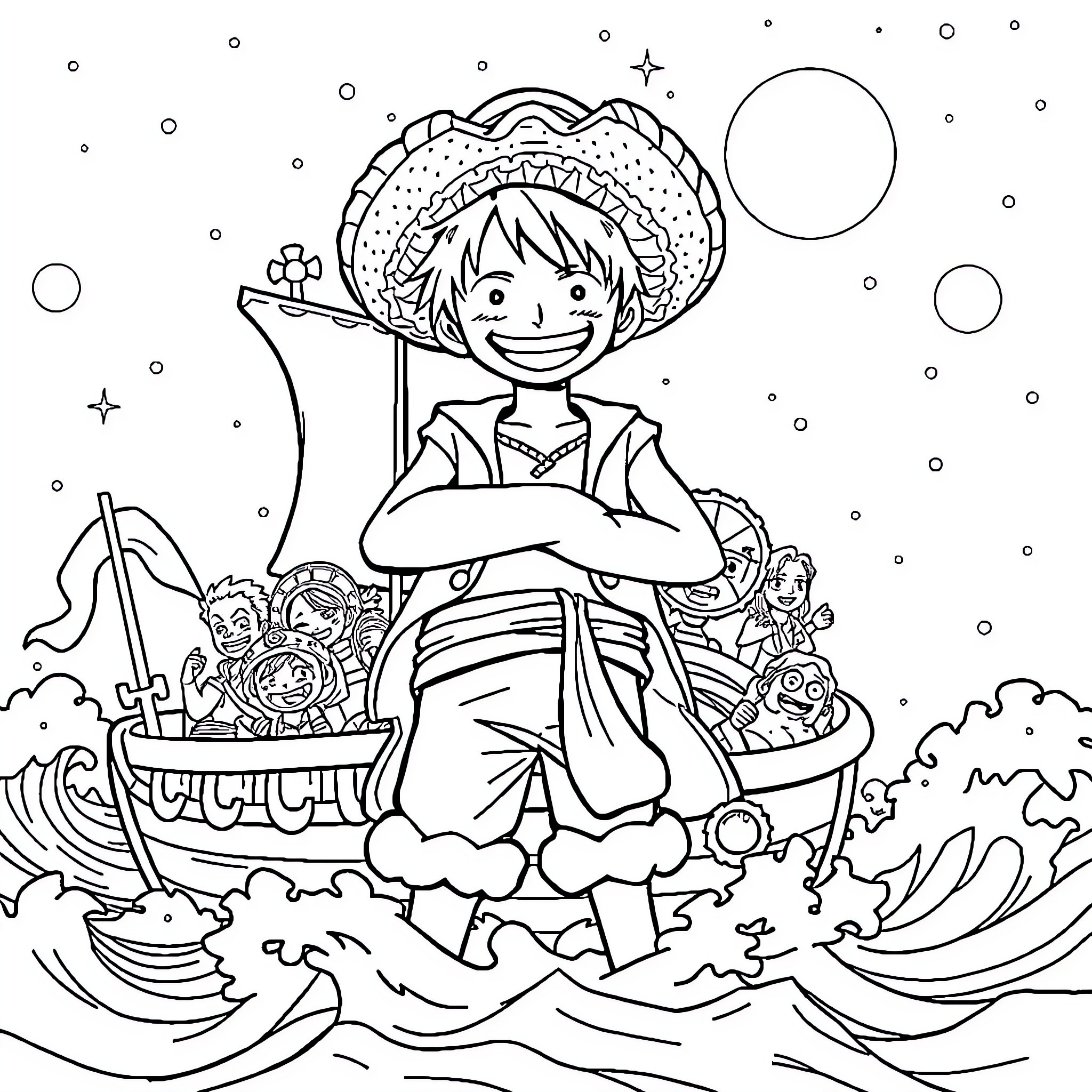 Luffy's Seafaring Adventure Coloring Page (free black-and-white line drawing printable PDF for all, from beginners to advanced learners, including children, teens, adults, and seniors)