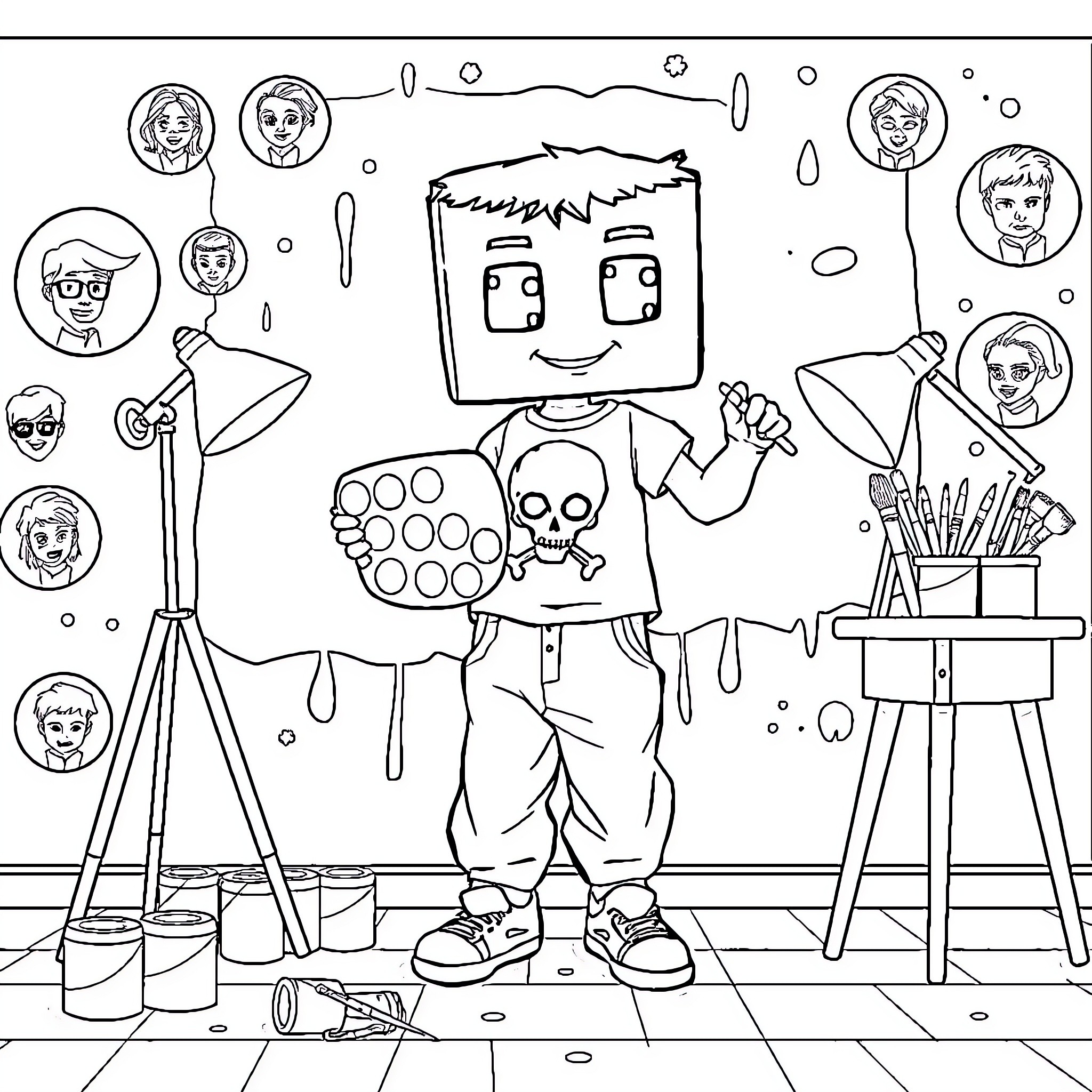 Box-Headed Character Painting Portraits in Studio Coloring Page (free black-and-white line drawing printable PDF for all, from beginners to advanced learners, including children, teens, adults, and seniors)