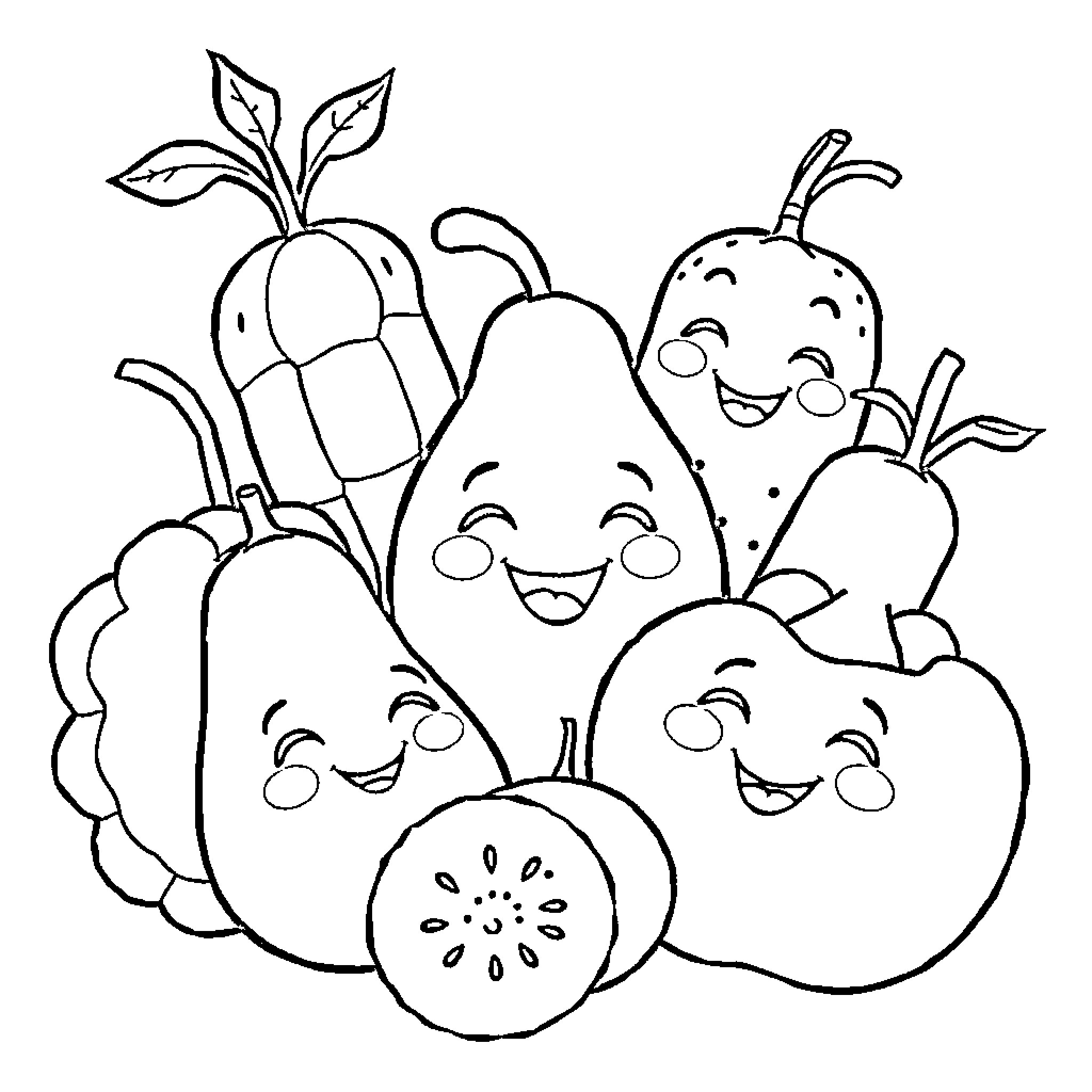Fruit friends having a playful gathering Coloring Page (free black-and-white line drawing printable PDF for all, from beginners to advanced learners, including children, teens, adults, and seniors)
