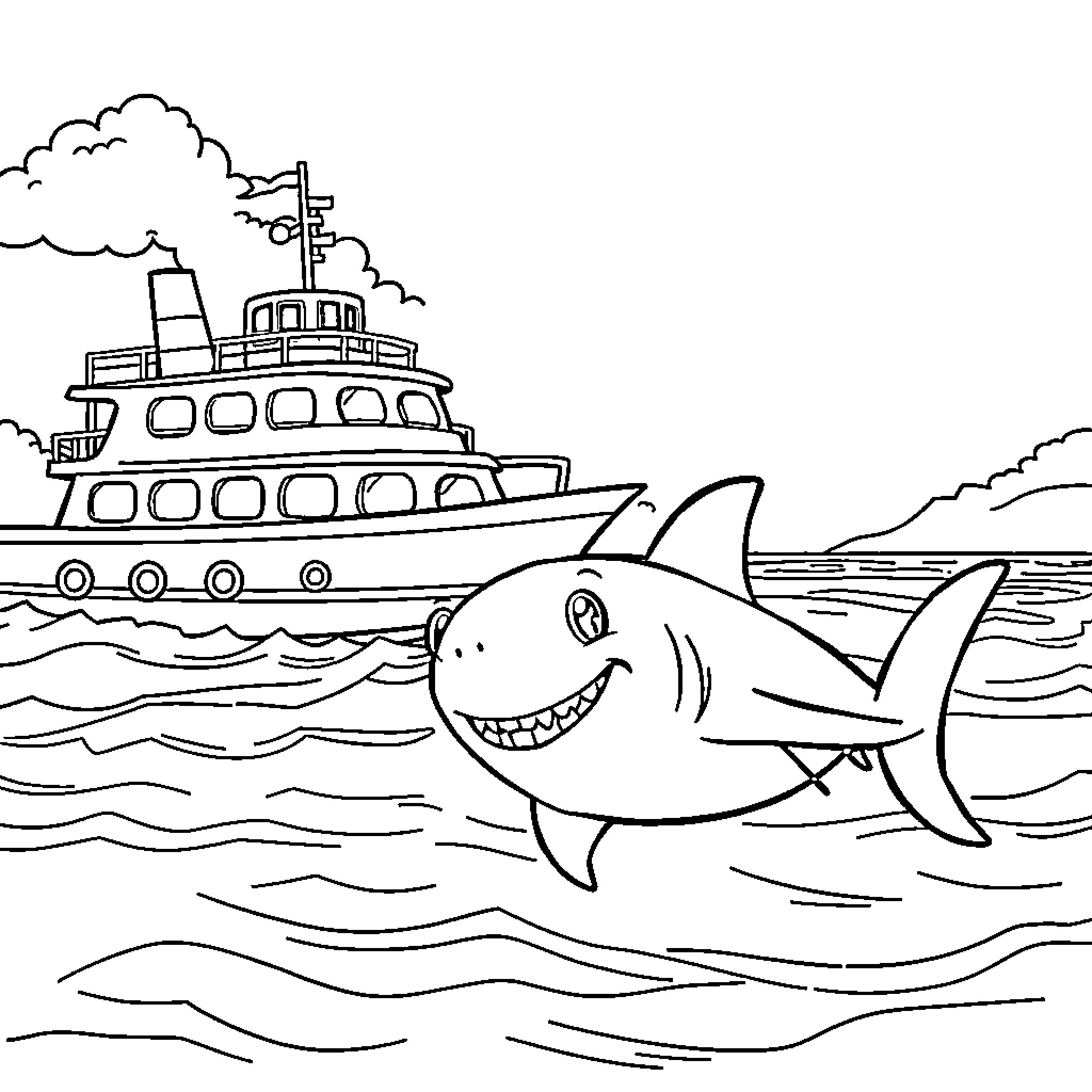 Shark chasing a cruise ship in the ocean Coloring Page (free black-and-white line drawing printable PDF for all, from beginners to advanced learners, including children, teens, adults, and seniors)